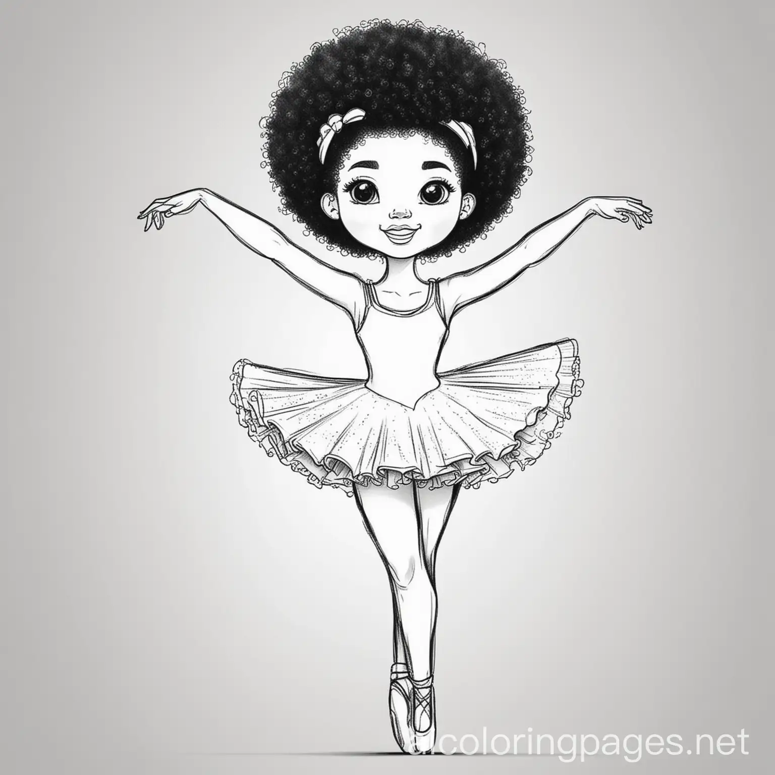 ballerina with an afro dancing
, Coloring Page, black and white, line art, white background, Simplicity, Ample White Space. The background of the coloring page is plain white to make it easy for young children to color within the lines. The outlines of all the subjects are easy to distinguish, making it simple for kids to color without too much difficulty