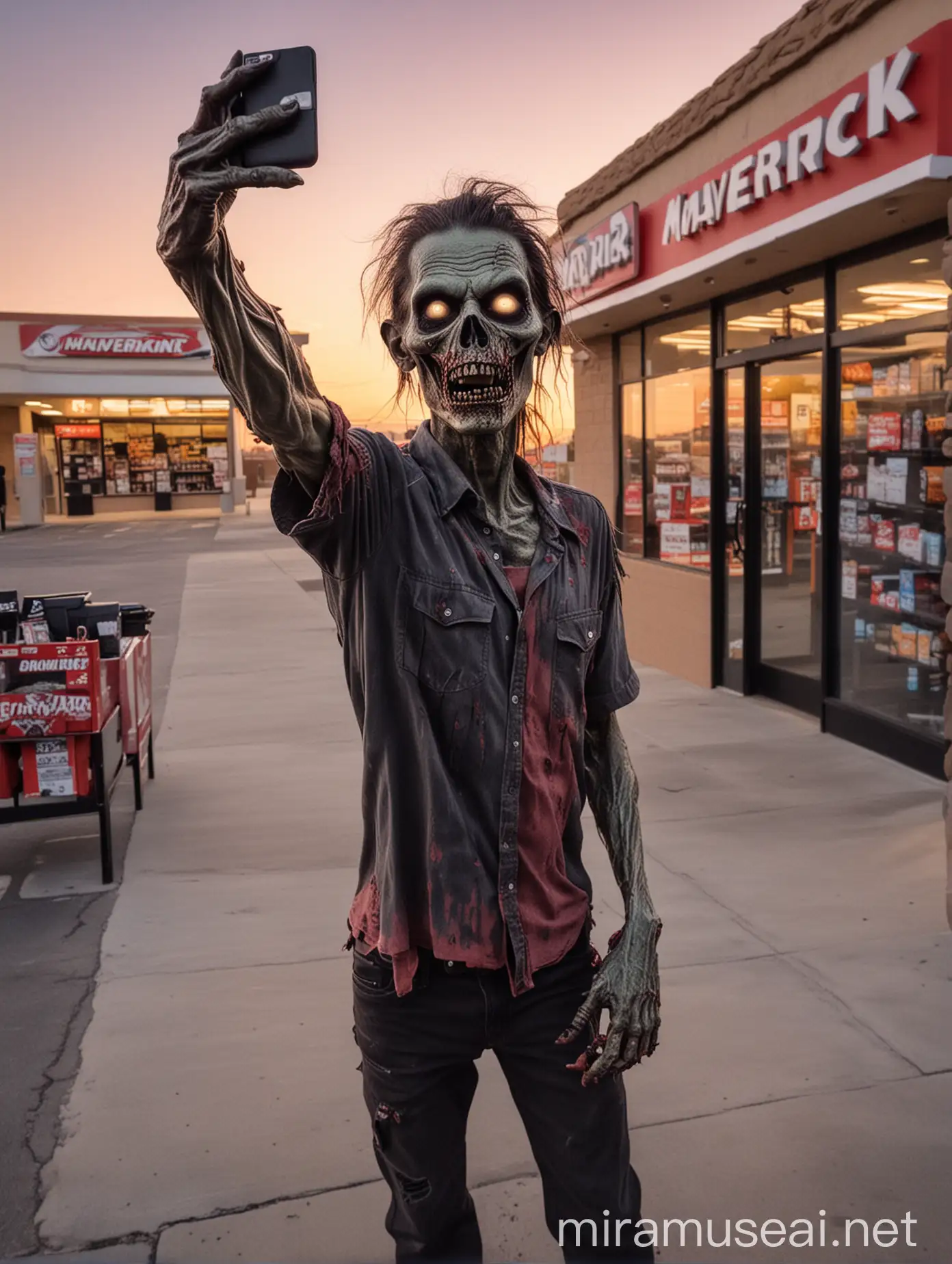 zombie taking a selfie at a Maverik convenience store at sunset