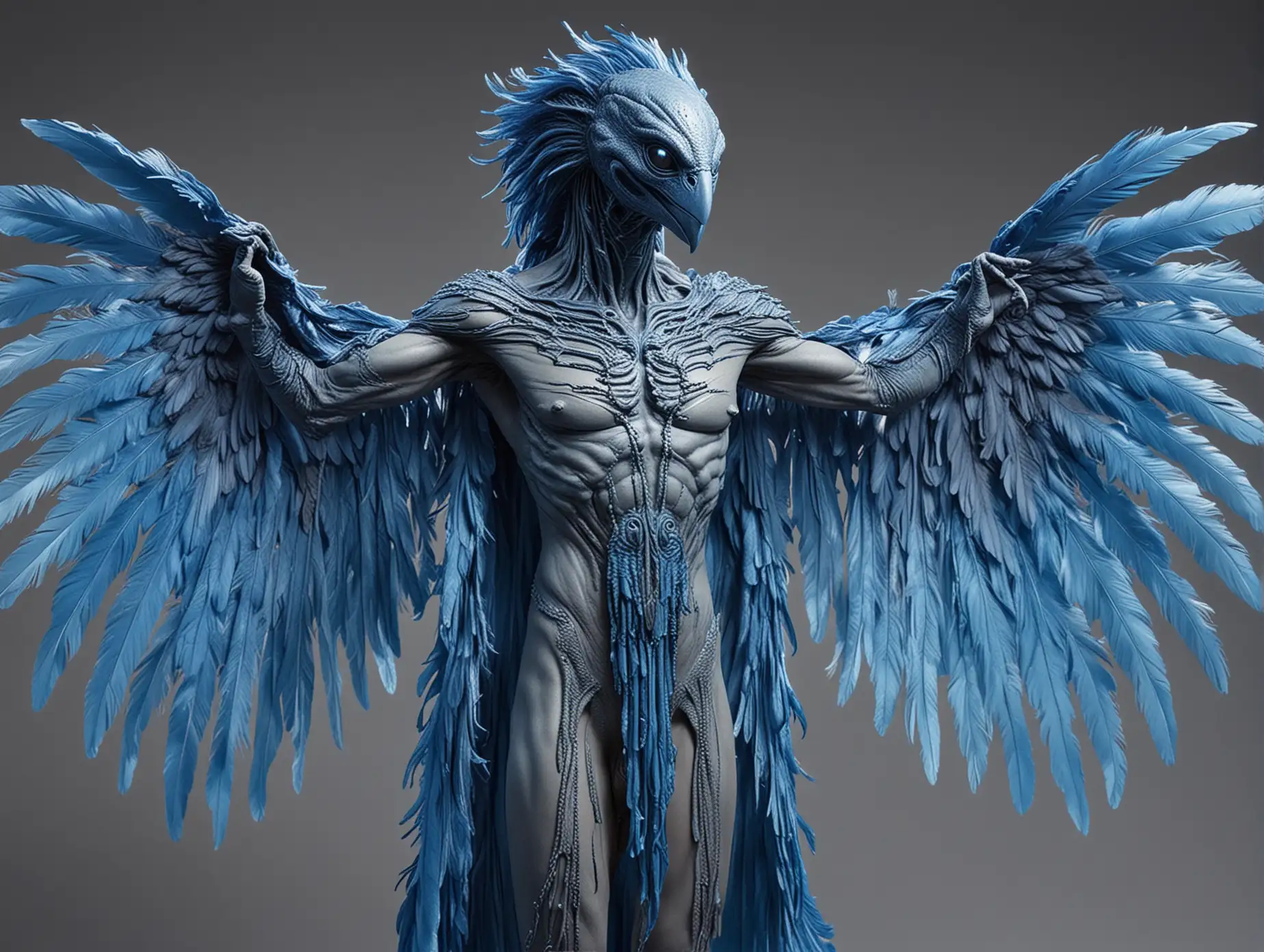 Really hot blue feathered alien with bird features and attractive feathery wings, perfect in every way that would excite any guy; 6' tall / see-through floating robe