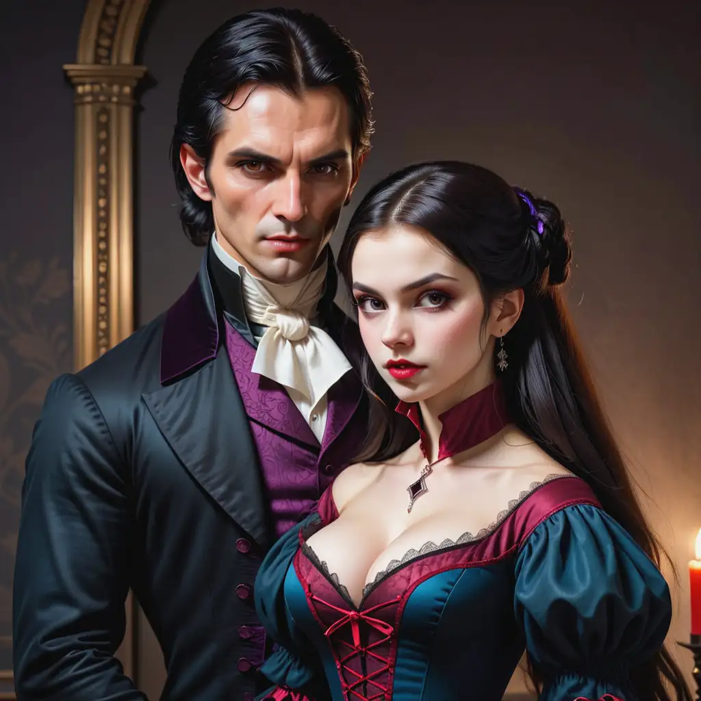 beautiful female vampire from 1850 and masculine dark-haired tall man

