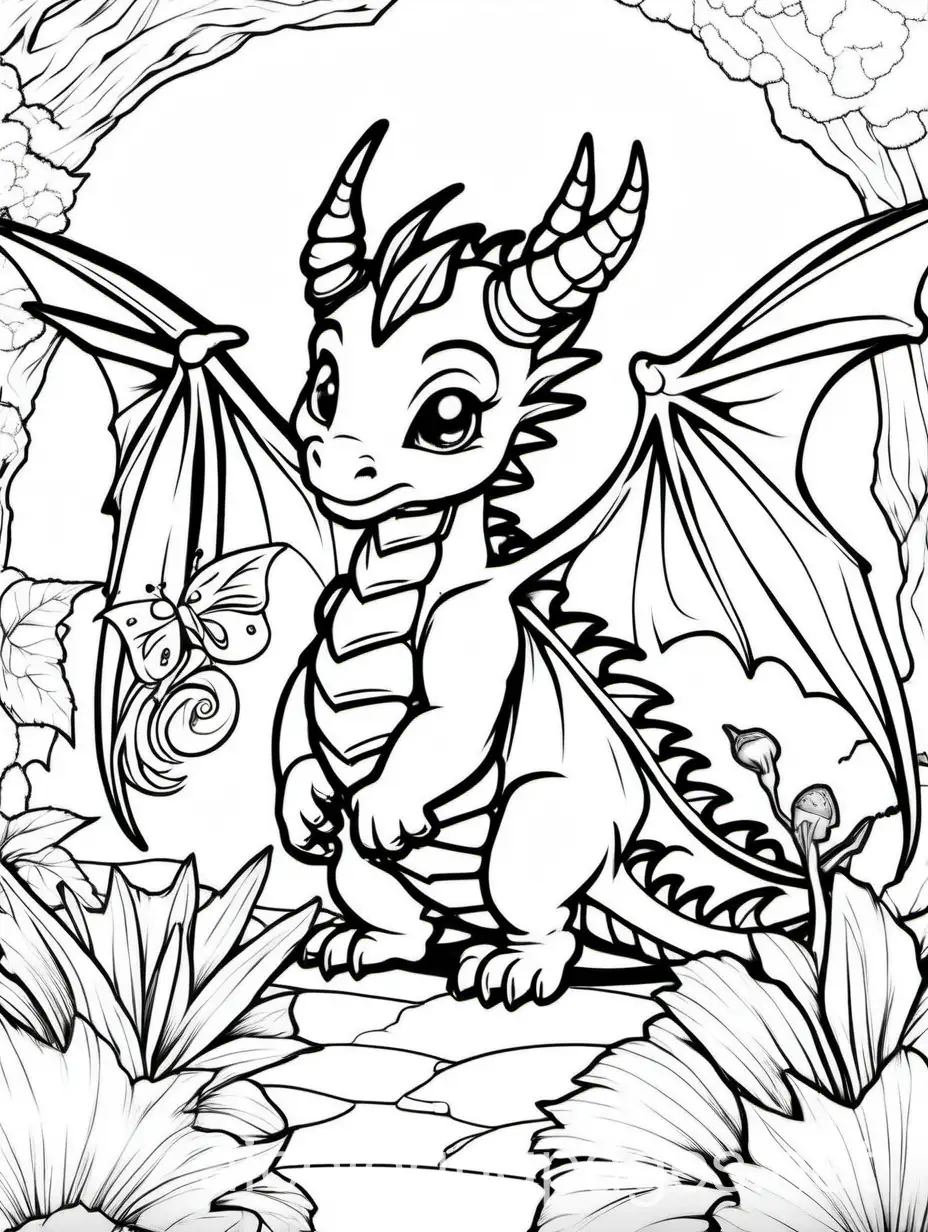 Chibi dragon playing with fairies , Coloring Page, black and white, line art, white background, Simplicity, Ample White Space. The background of the coloring page is plain white to make it easy for young children to color within the lines. The outlines of all the subjects are easy to distinguish, making it simple for kids to color without too much difficulty