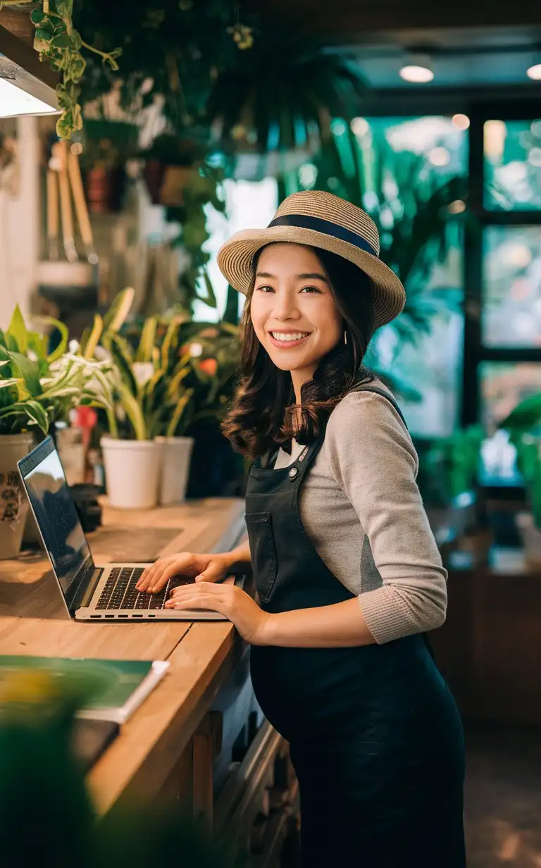 A photo of  Vietnam woman in a hat,  20 yo，holding her belly small business owner standing in a cozy, well-lit plant and gardening store. She is leaning on a counter,  holding her belly，working on a laptop with a natural smile on her face. She is not looking at the camera. Side view.