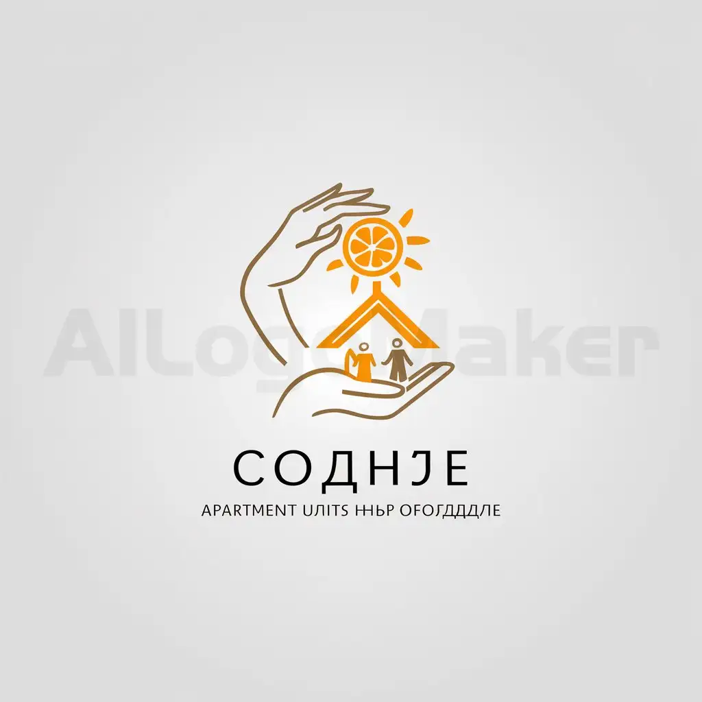 a logo design,with the text " Apartment units with solid (meaty) proportions | Note: The term "сочные" in this context is not a standard translation for any real estate related term in English, so I translated it as literally as possible while providing some interpretation.", main symbol:female hand holds sun like an orange and squeezes juice, from the juice forms roof of house. under the roof stands family with child.,Minimalistic,clear background