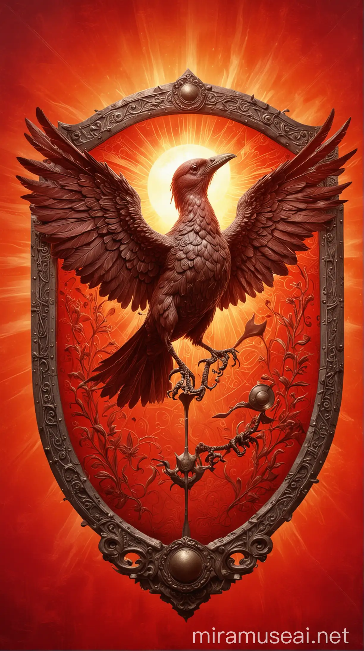 shield with a mystical bird on a scarlet background of the sun