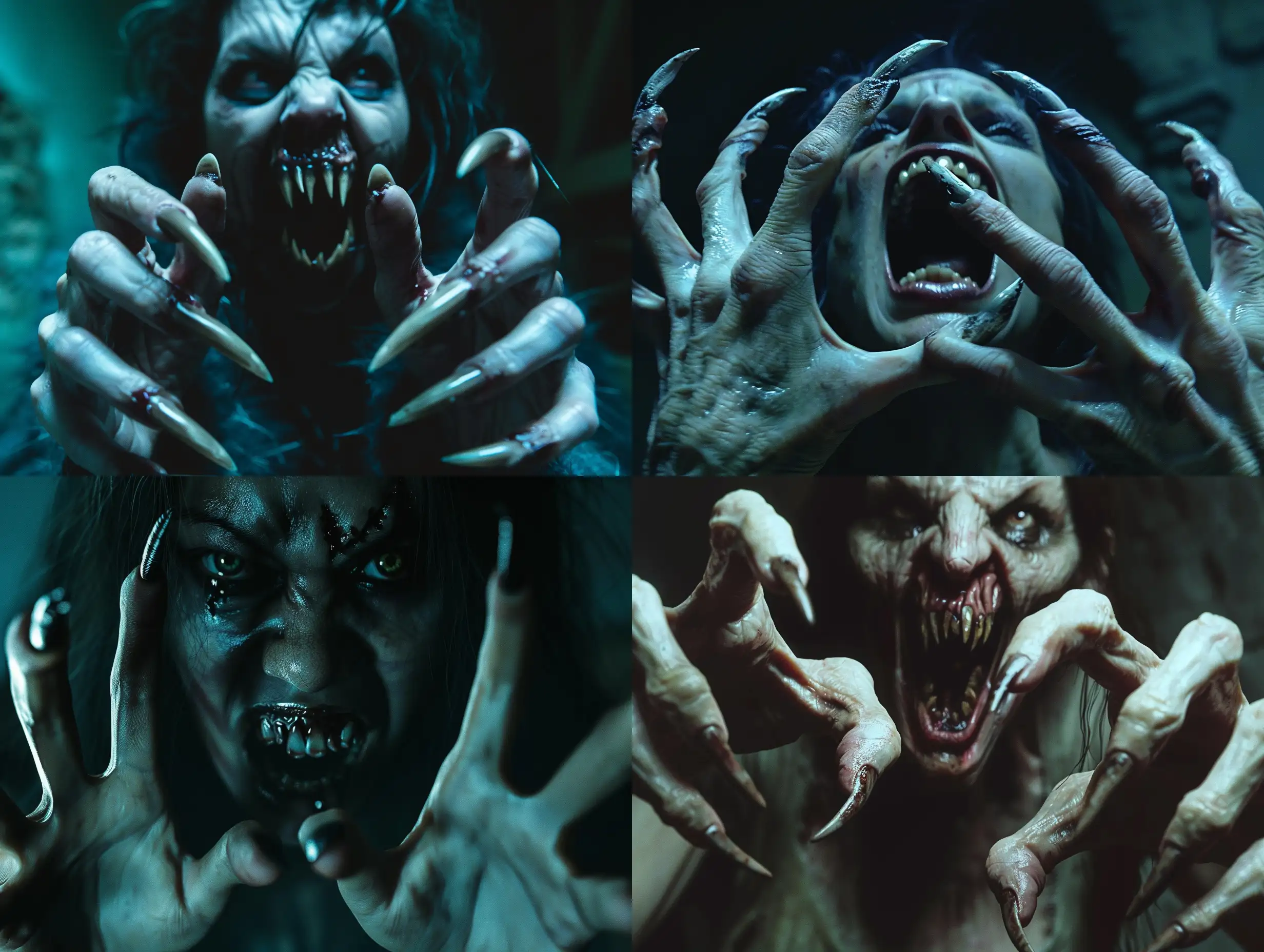 A photorealistic scene of a wild ugly monstruos undead  vampire female with extra long pointed fingernails, on each hands with five fingers, her mouth is threateningly open, and terrible teeth look like fangs, the vampire looks like she climbed out of the grave, her nails resemble the claws of a predators.scene inside darkness room,hyper-realism, cinematic, high detail, photo detailing, high quality, photorealistic, aggressive, dark atmosphere, realistic, the smallest details, detailed nails, horror, atmospheric lighting, full anatomical, photorealism, detailed, textured, dark, haunting, night-time scene, intense, creepy, undead, spooky, eerie, atmospheric lighting, nightmare, grotesque, terrifying, realistic anatomy, human hands, very clear without flaws with five fingers.