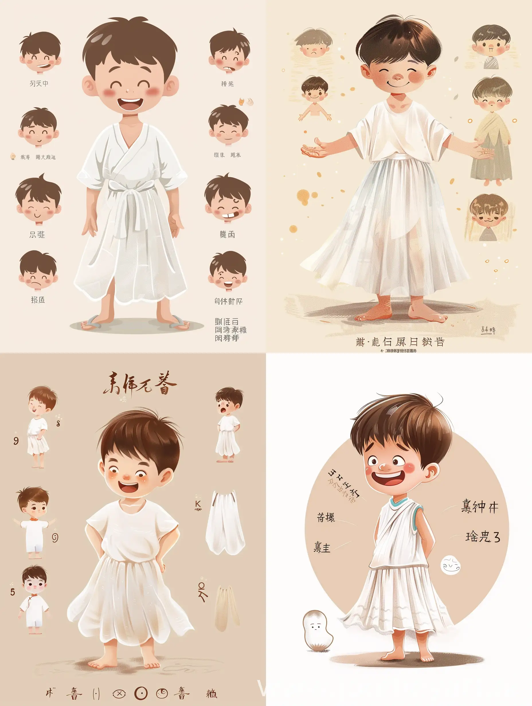 The little boy wearing a light white gauze skirt is a summer costume from the Tang Dynasty in China . he has a smiling face , animated character design , Chinese painting , cute , modest charm , classical style , expression bag ,9 emoticons , happy , smile , sad , serious , expression Symbol table , various postures and expressions , different emotions , various poss and expressions ,8k- s 250-- ar 3:4- niji 5