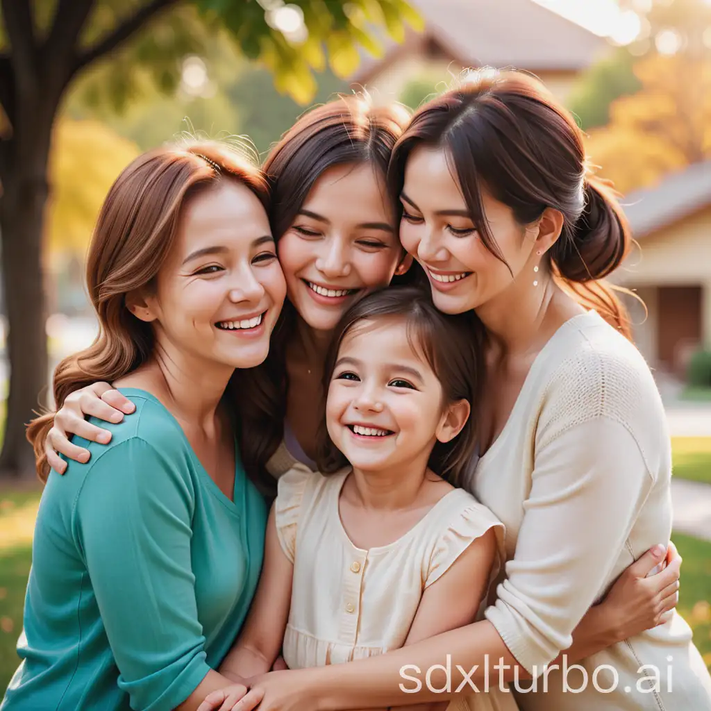 A heartwarming family photograph showcases a close-knit family through tender embraces and shared laughter. The soft, warm tones and radiant smiles convey joy and togetherness. The slightly blurred background adds intimacy, captivating viewers. This beautifully composed image emanates love and happiness, inviting viewers into a palpable moment of connection.