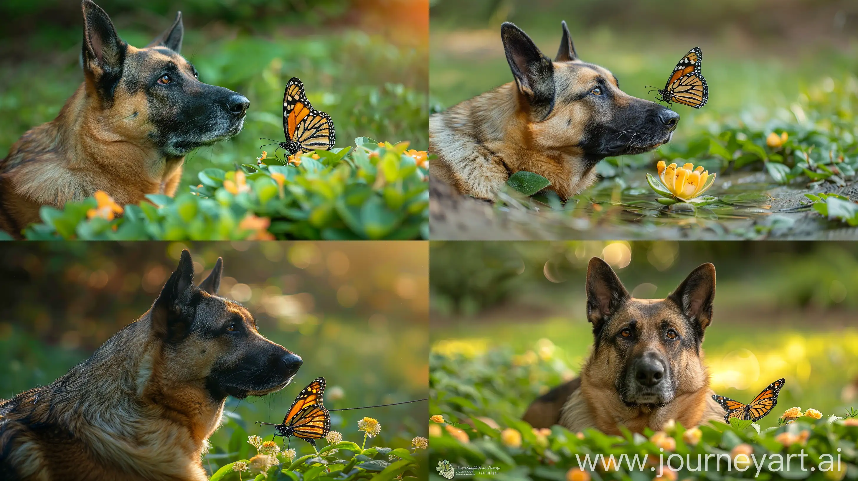 captures a serene moment between a German Shepherd and a Monarch butterfly in a natural, green setting. It's a heartwarming scene that shows a gentle side of nature's interactions --ar 16:9 --s 750 