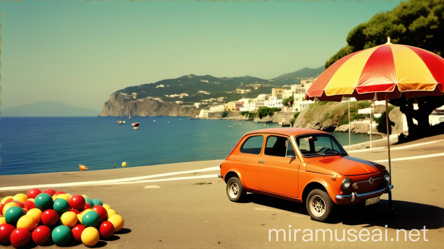 Vintage Beach Scene with Umbrella and Italian Car on Ischia Island