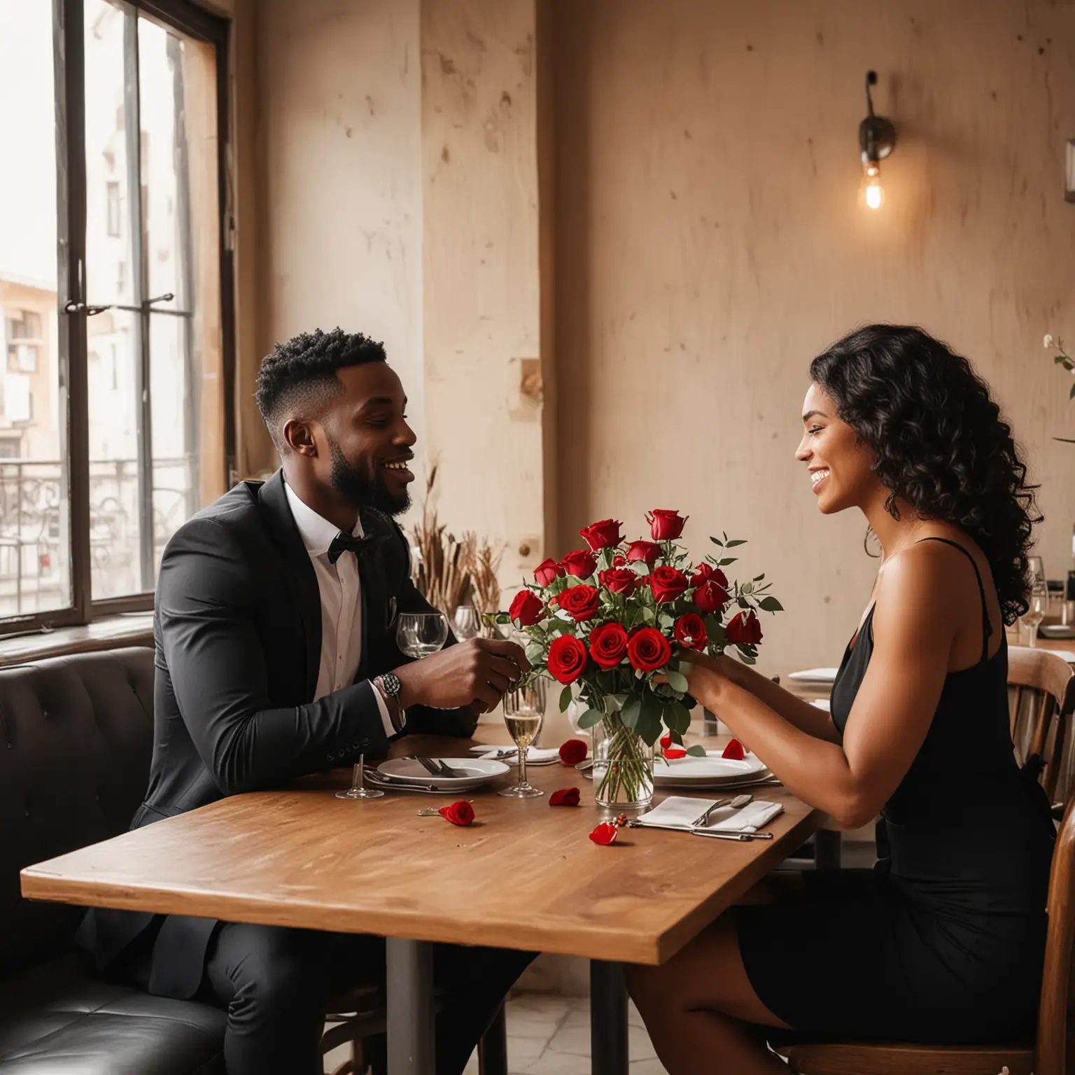 black couple romantic date roses on table in restaurant men in shok