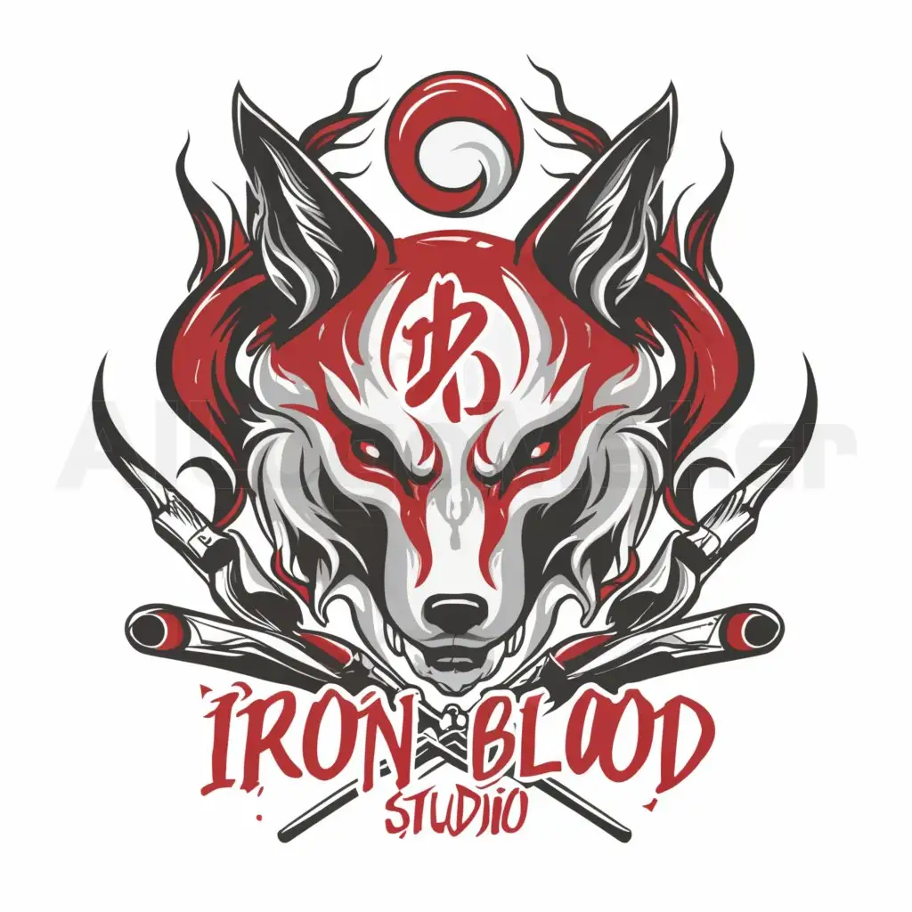 a logo design,with the text 'Iron Blood Studio', main symbol:Japanese Okami and kitsune with airbrush and paintbrushes,complex,be used in Others industry,clear background