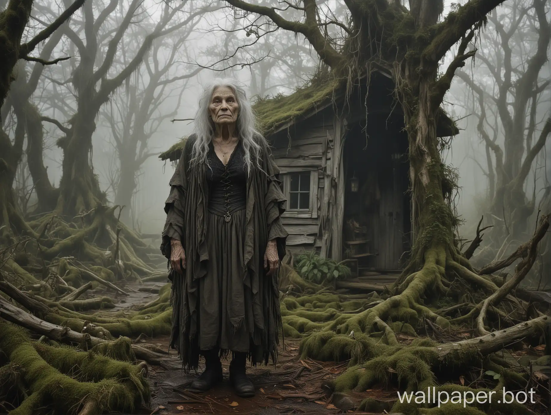 A mysterious and captivating illustration of an old witch, her wrinkled, weather-beaten face framed by a wild, unkempt mane of white hair. She stands in front of her makeshift cabin, nestled in the depths of a misty swamp, surrounded by the eerie, twisted trees and moss-covered branches. Her gnarled hands beckon the viewer, as if inviting them to step into her mysterious world. The sky is overcast, with the fog rolling in, adding to the mystique and allure of the witch's dwelling.