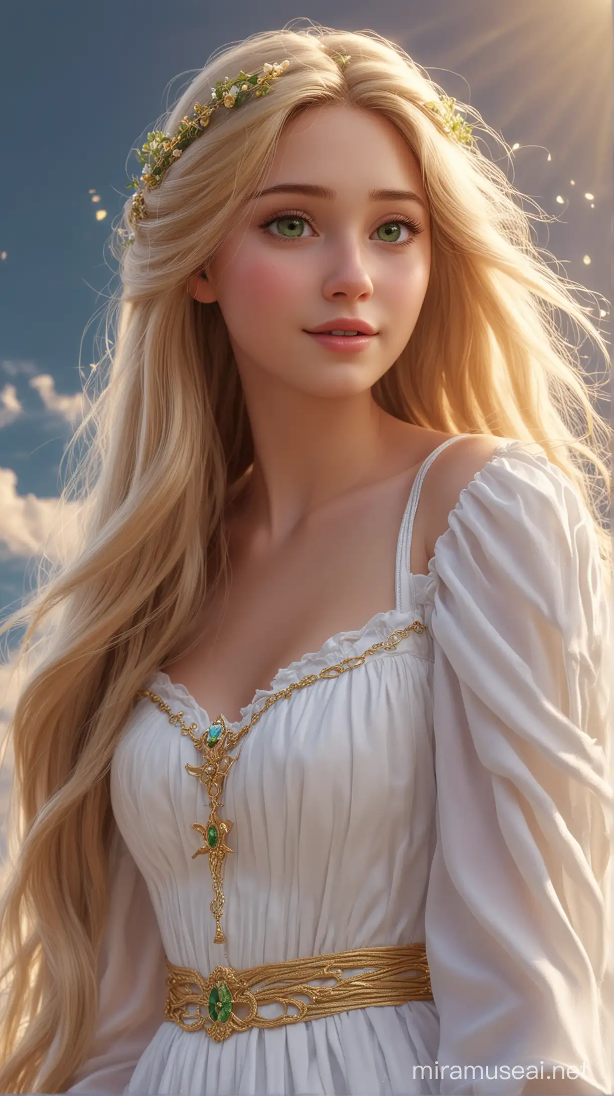 in the sky natural background an angel flies to heaven there are disney princess Rapunzel
German 18-years and very very long blonde hair and green eyes and celestial white dress and with large white angel wings and face beautiful 8k re solution ultra-realisti