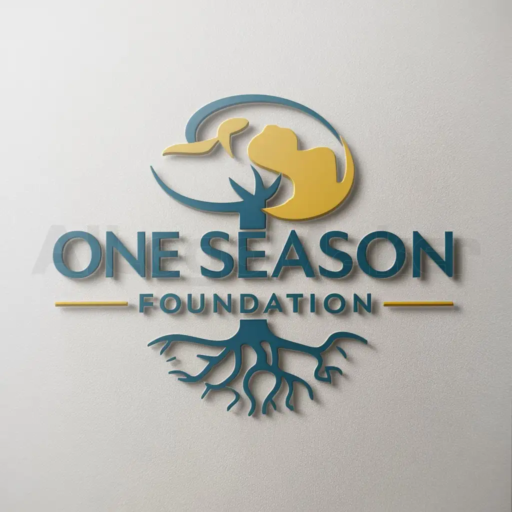 a logo design,with the text "one season foundation", main symbol:3d logo, round shape. main symbol is a tree with roots, under the roots the logo name.  Use cornflower blue, maize yellow, white background.,Moderate,clear background