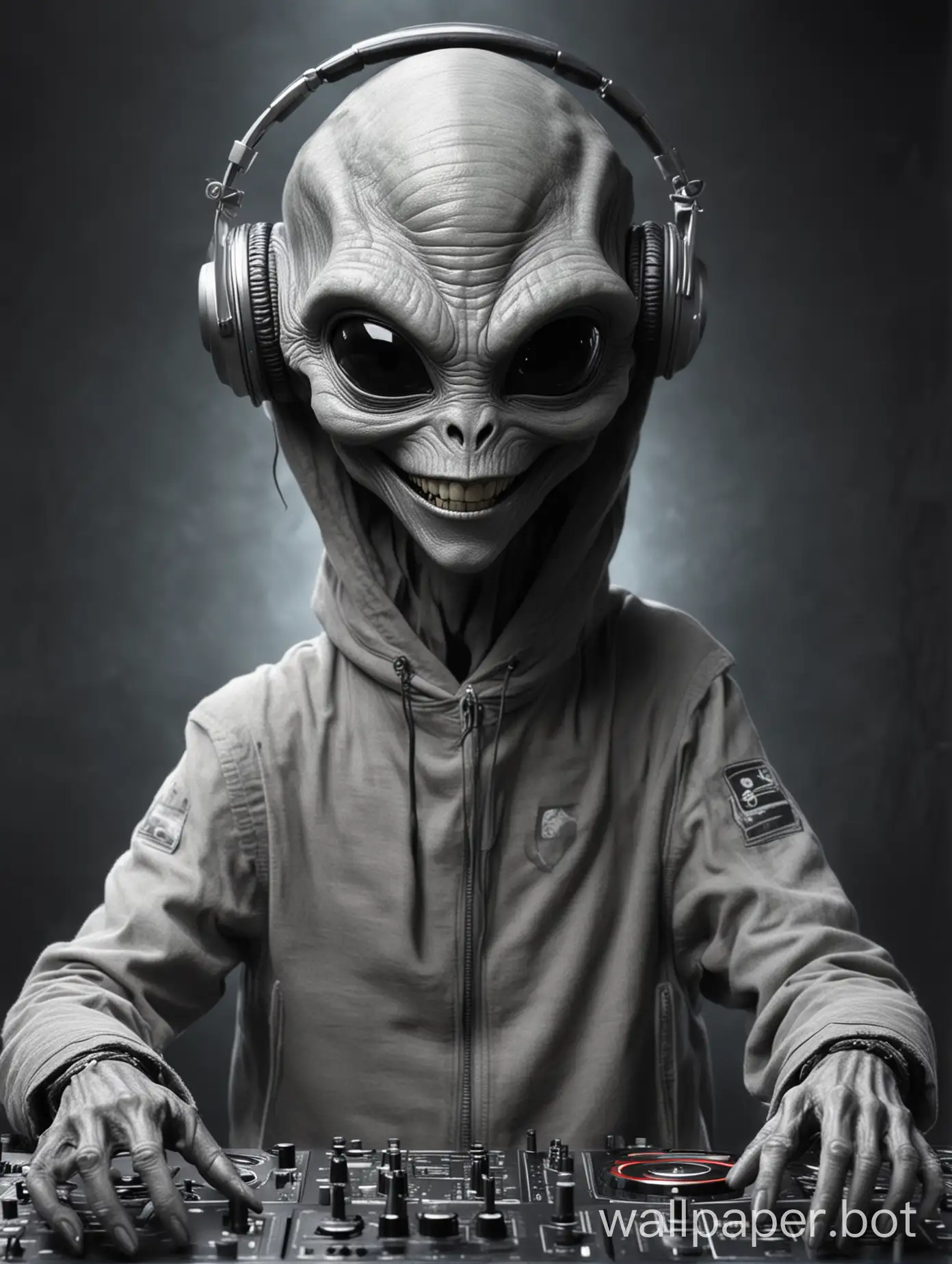 Smiling-Grey-Alien-DJ-Mixing-Music