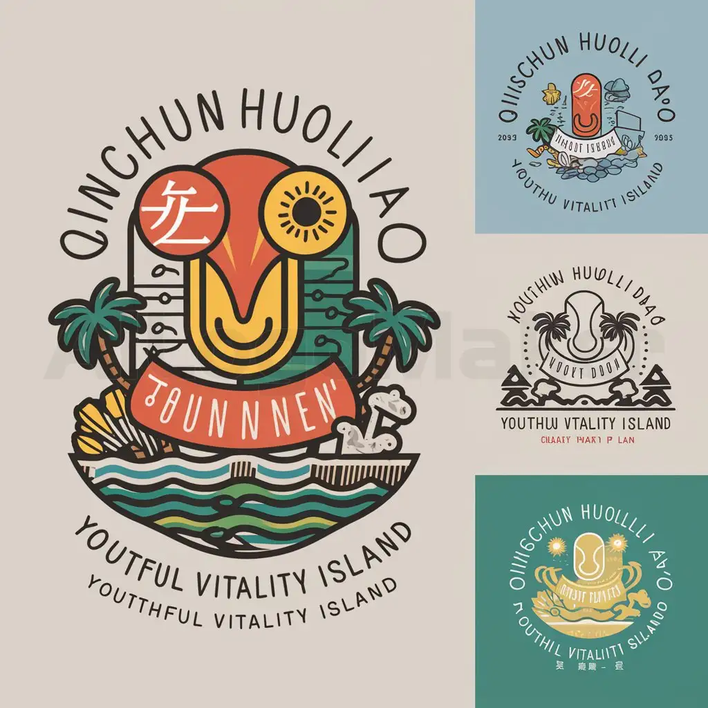 a logo design,with the text " "Qingchun Huoli Dao" translates to "Youth Vitality Island" in English.", main symbol:Color: The youthful vitality island should have bright colors, such as orange, yellow, green and blue, to convey a lively atmosphere.nnGraphic elements: You can consider using elements such as islands, waves, sun, coconut trees to represent the unique charm of the youthful vitality island.nnText: You can add 'Youthful Vitality Island' or similar words in the logo to clearly express its theme.nnBased on the above elements, I have designed several logo plans for you:nnPlan One:nnnnColor: Orange, yellow, green and bluennGraphic elements: Island, waves, sun, coconut treennText: Youthful Vitality IslandnnPlan Two:nnnnColor: Orange, yellow, green and bluennGraphic elements: Island, waves, sun, coconut treennText: Youthful Vitality IslandnnPlan Three:nnnnColor: Orange, yellow, green and bluennGraphic elements: Island, waves, sun, coconut tree,Minimalistic,be used in apparel industry,clear background