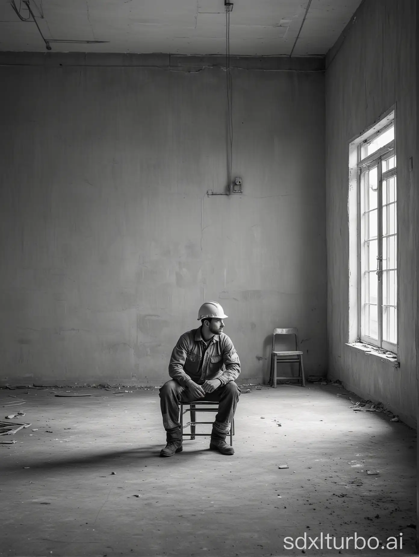 инженер сидит на стуле один в пустой комнате в черно-белом тоне смотрит в камеру
