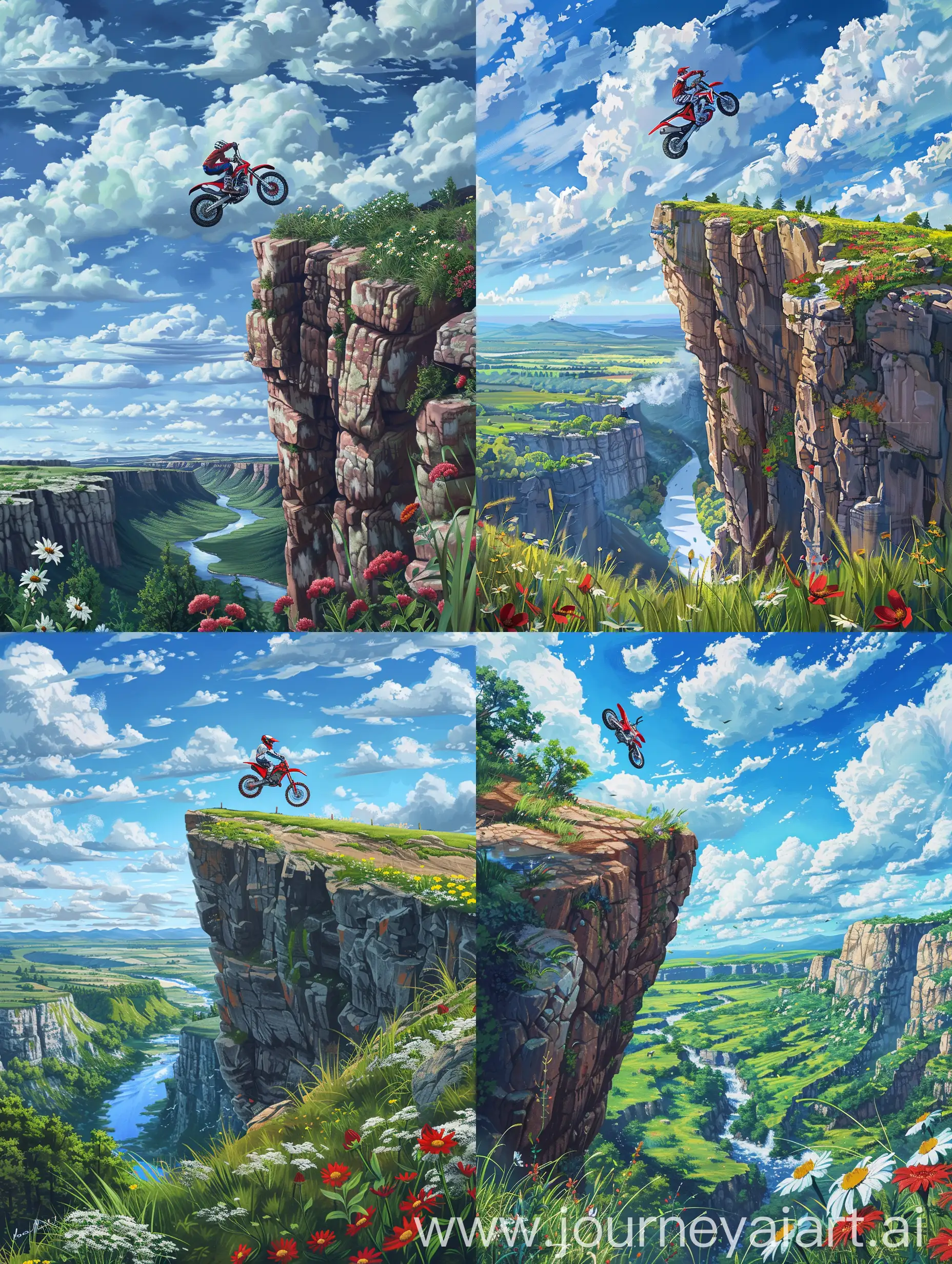 Realistic painting of a high cliff,in mid air there is a red dirtbike going to other cliff,below is a far river,anime style of fluffy white clouds,drone shot,wide angle,grasses,vivid flowers