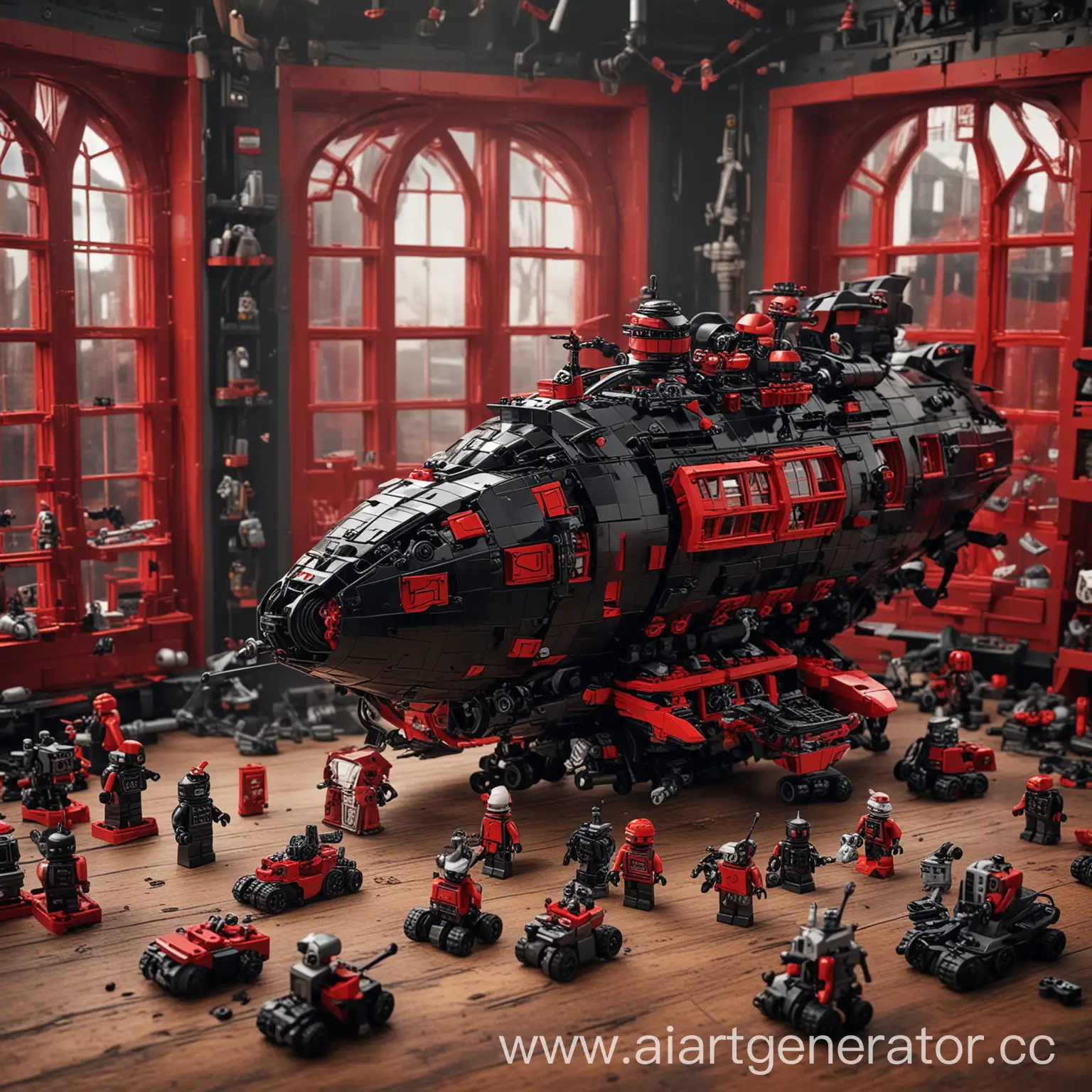 Black-Airship-Lego-Set-with-Red-Windows-Surrounded-by-Robots