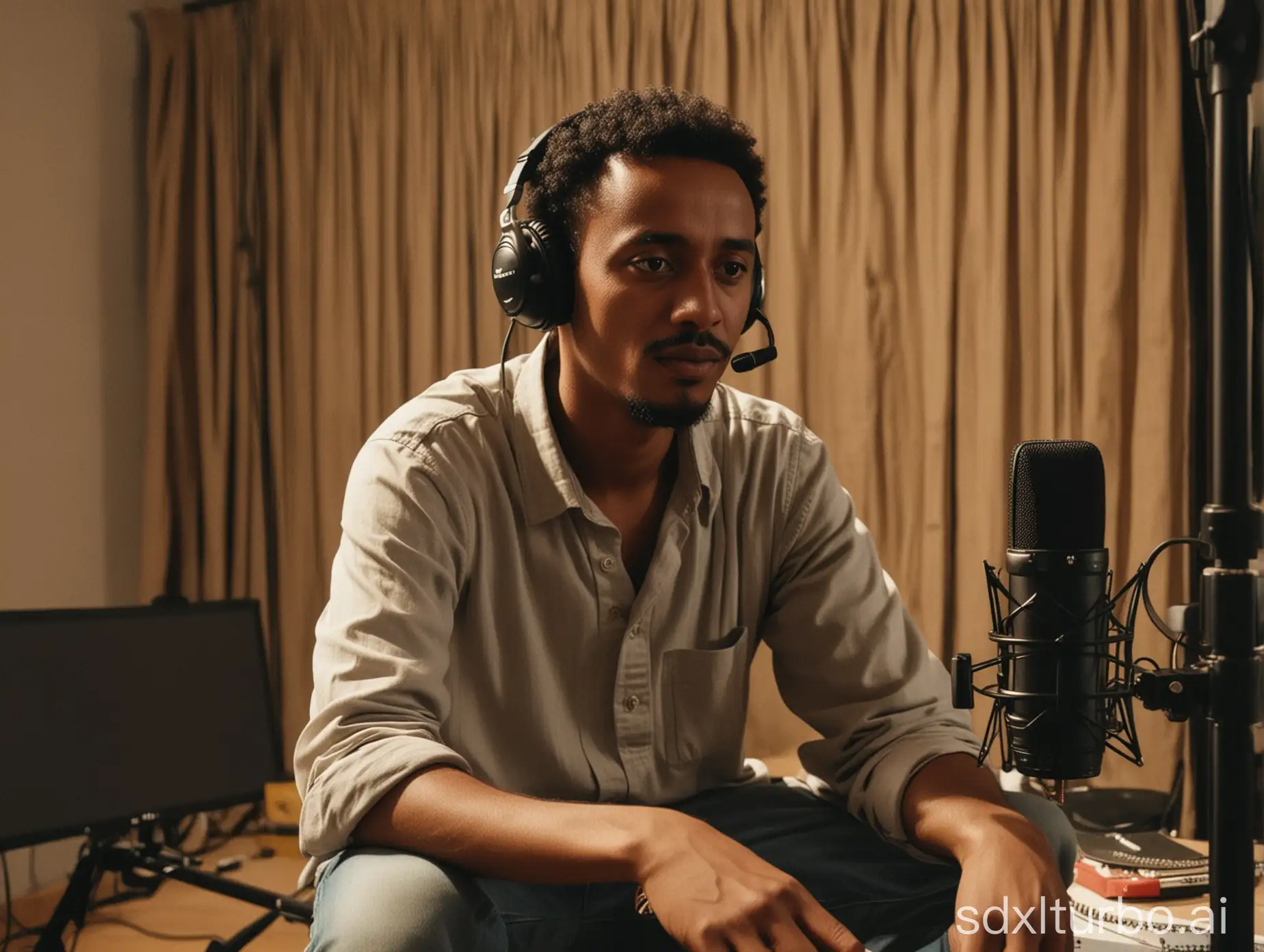 A man sitting in his studio recording a yt video habesha man