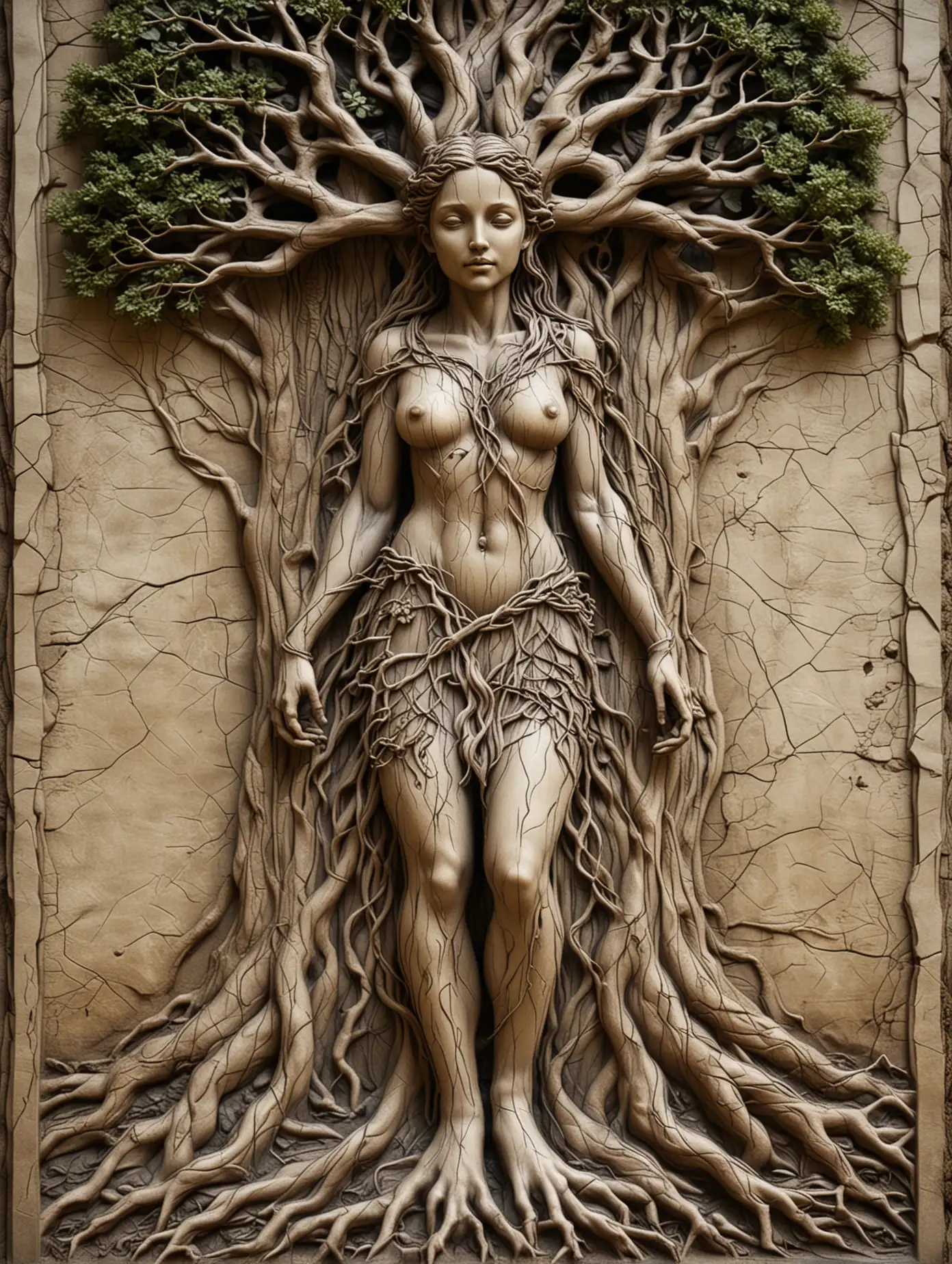 барельеф друид девушка дерево в полный рост переплетением корни переплетают ноги и тело 