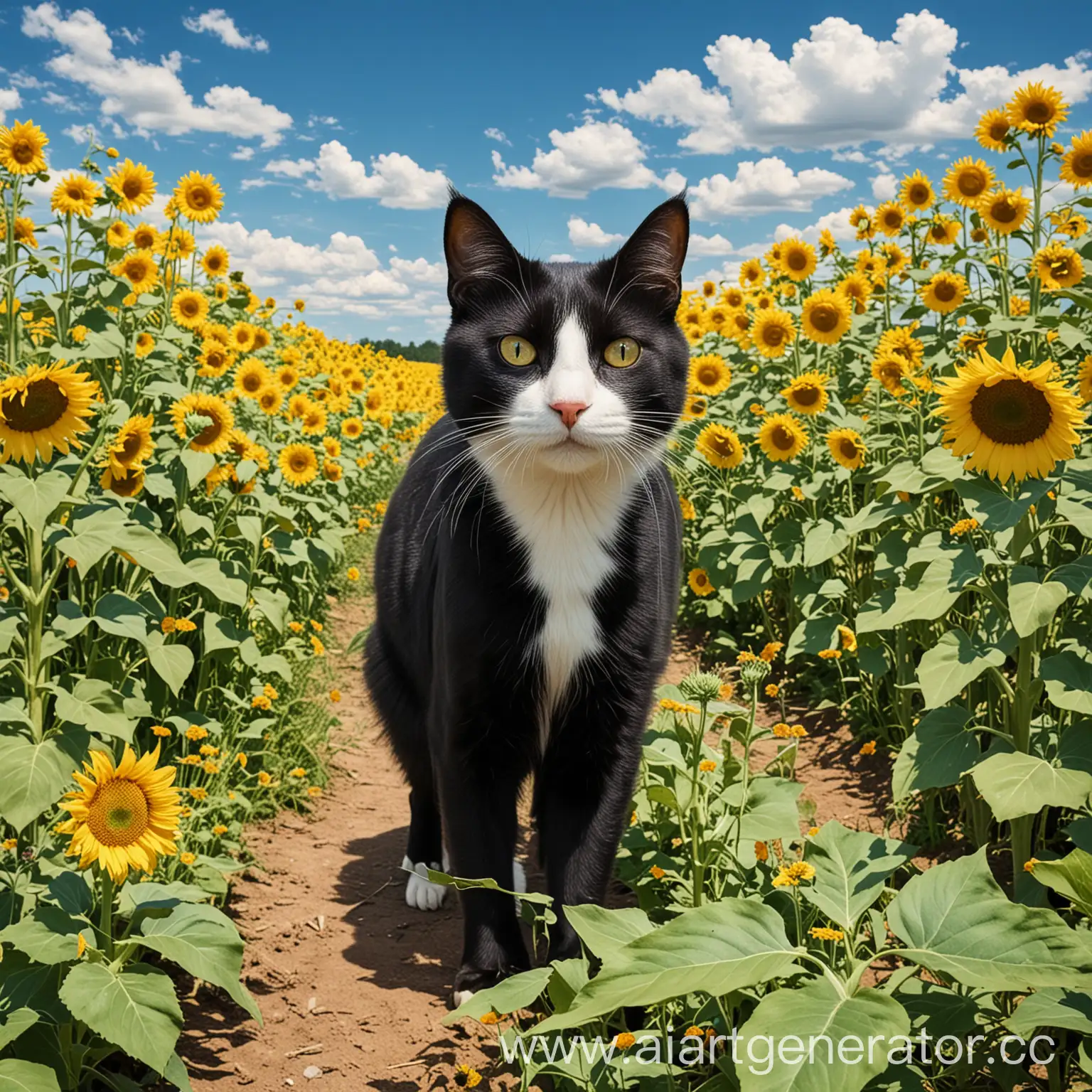 Black-Cat-with-White-Muzzle-Strolling-Among-Sunflowers