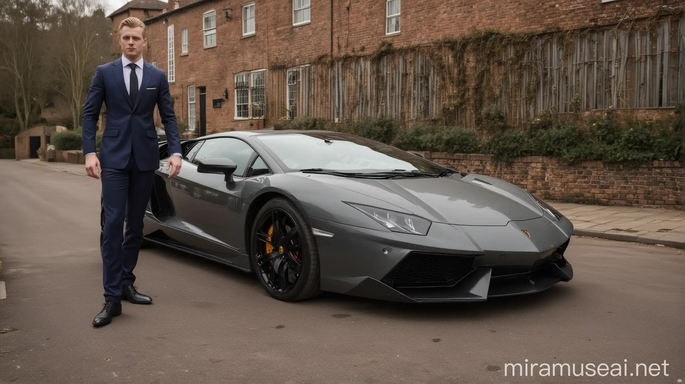 British Man in Suit Standing by Lamborghini Car