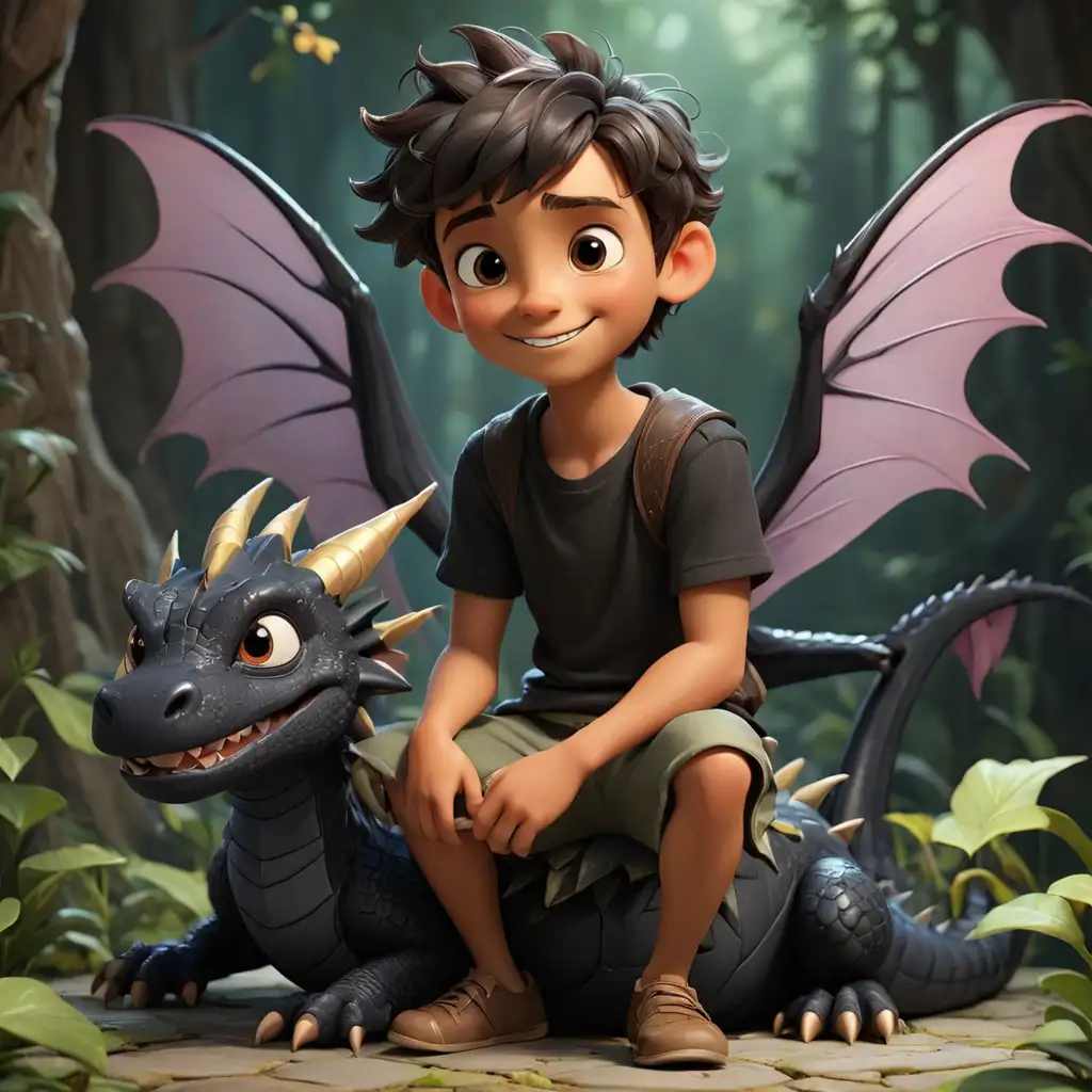 A handsome boy fairy, 3D, Disney style, with a happy black dragon sitting