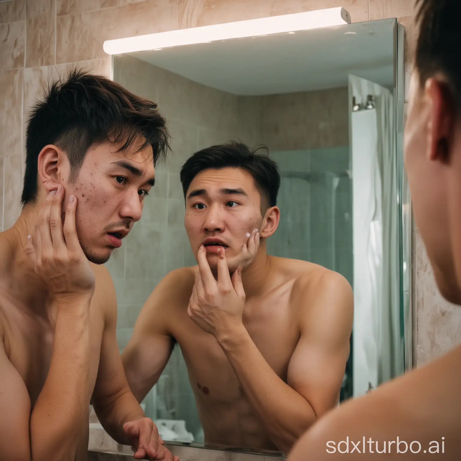 A Kazakh man is looking in the mirror. He is worried about having a lot of acne.