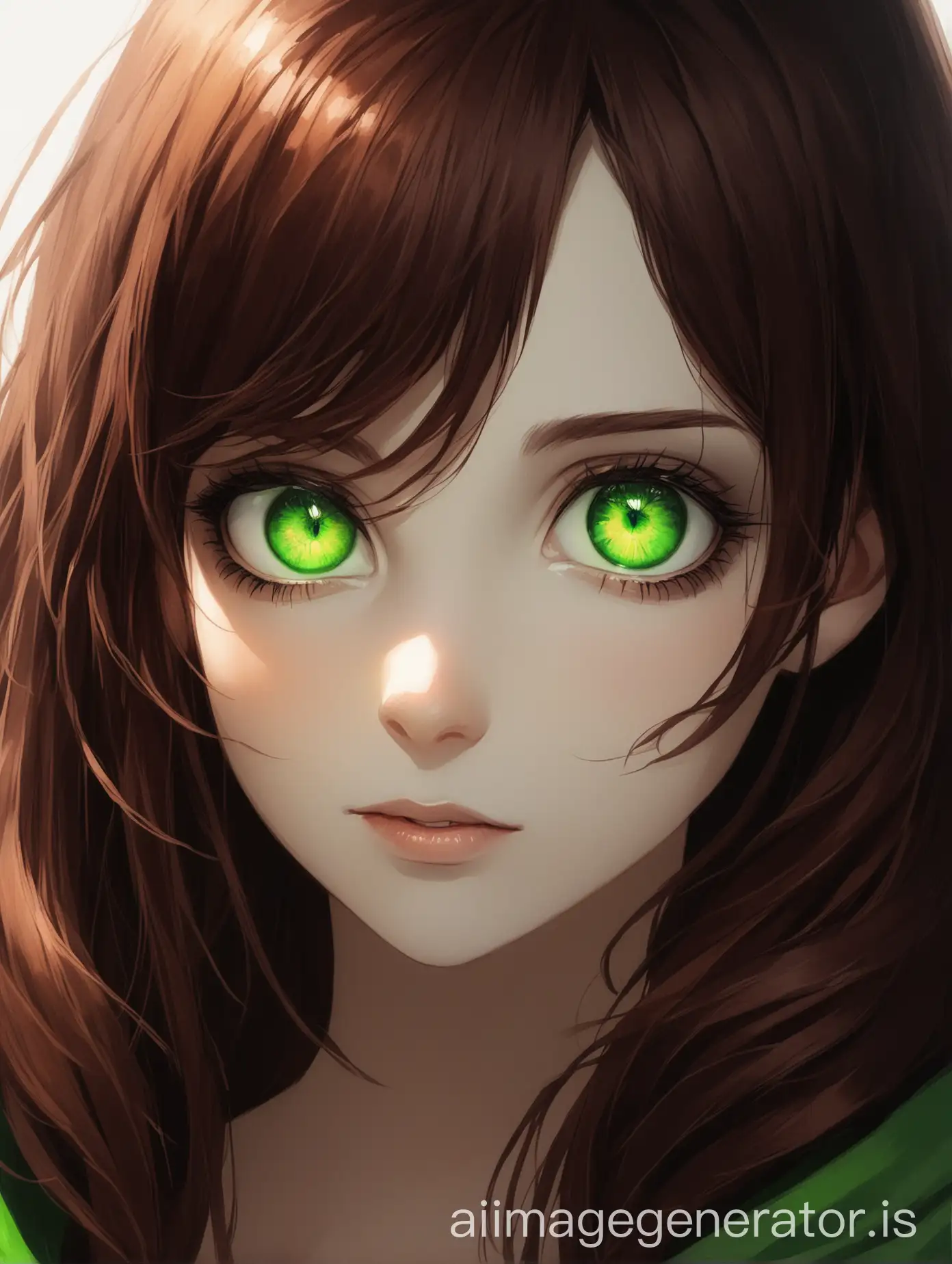 a girl with dark auburn hair and bright green eyes