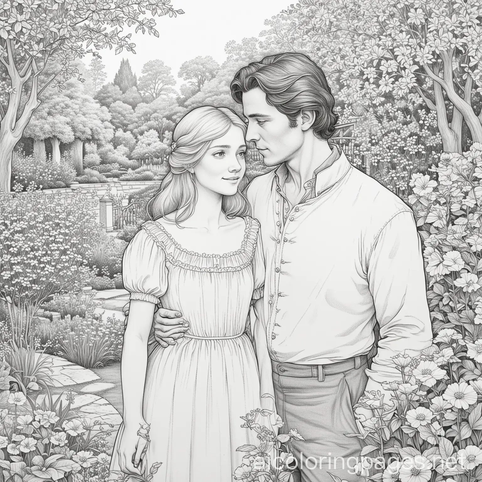 Emma Woodhouse and George Knightley from "Emma" in a beautiful garden in love, Coloring Page, black and white, line art, white background, Simplicity, Ample White Space. The background of the coloring page is plain white to make it easy for young children to color within the lines. The outlines of all the subjects are easy to distinguish, making it simple for kids to color without too much difficulty