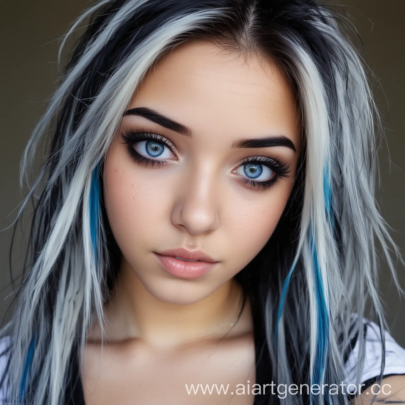 красивая девушка, с светлой кожей, с черными волосами с синими прядями, с серыми глазами и пирсинг в брови 