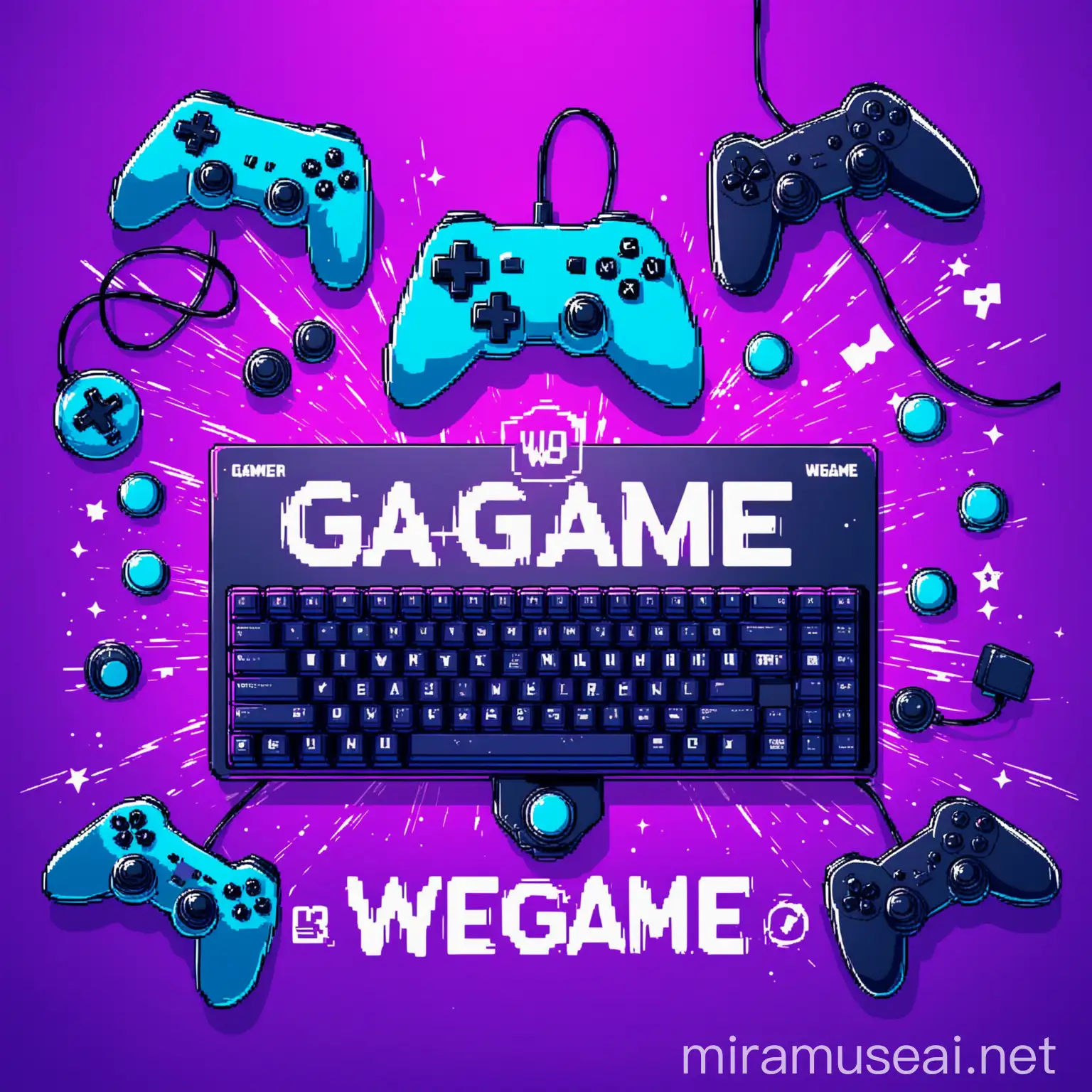  цвета фона фиолетовый с голубым, заголовок сверху на картинке WeGame, онлайн игры джойстик, клавиатура, геймеры, 