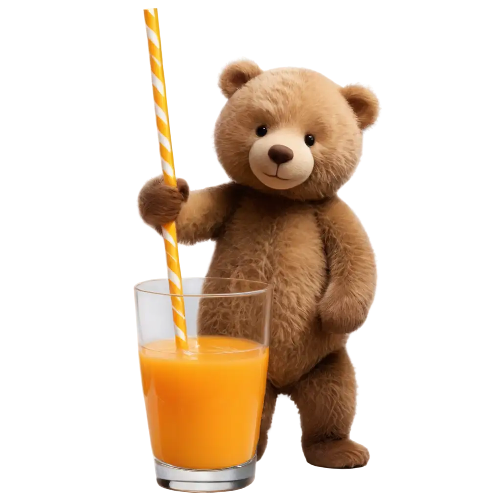 a cute teddy bear drinking orange juice through a straw from a giant glass