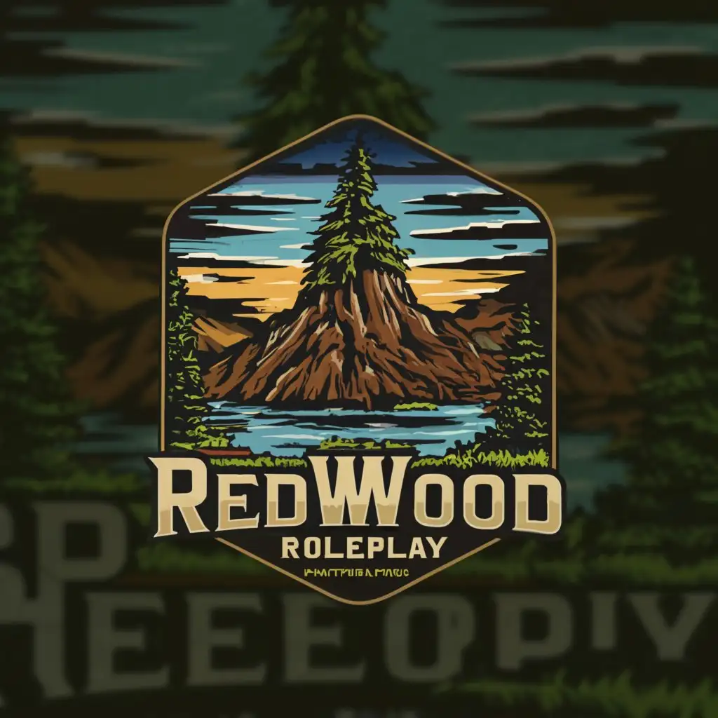 a logo design, with the text 'redwood roleplay', Make sure it Includes a Mountain with Green Trees and a Body of water, as well as make it look like it's in Grays Harbor County, Moderate, transparant background