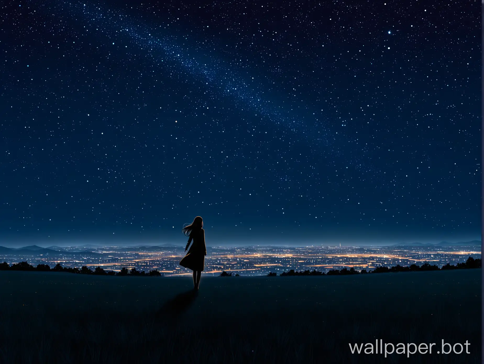 Starry-Night-Overlooking-Lit-City-Serene-Woman-in-Silhouette