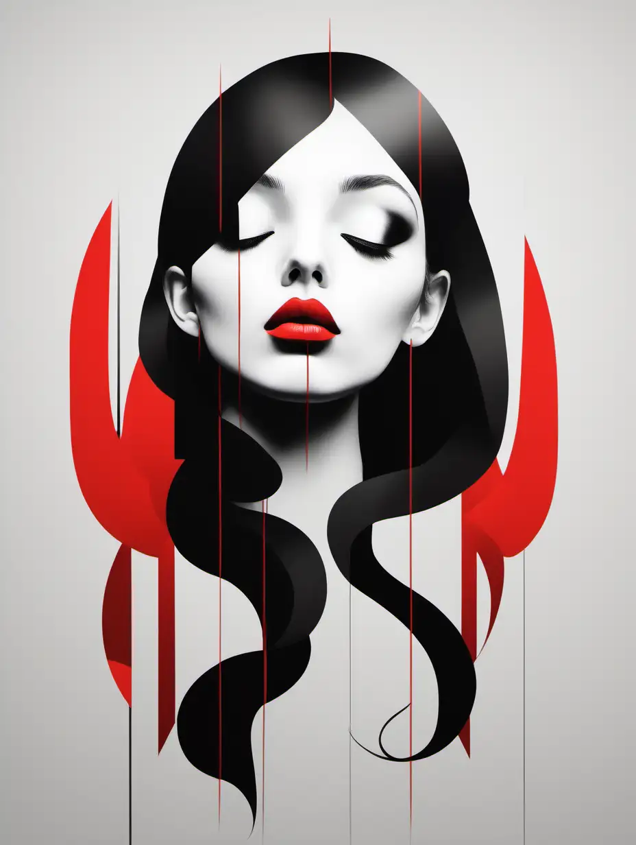 Surreal Minimalist Portrait Beautiful Girl in Black White and Red