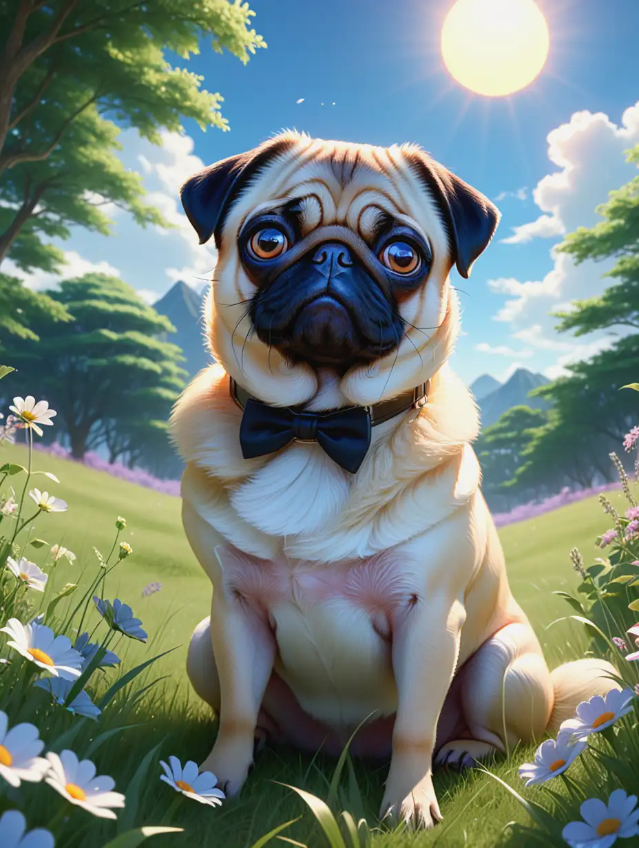 Anime Pug Dog Sitting in Grassy Field with Monocle