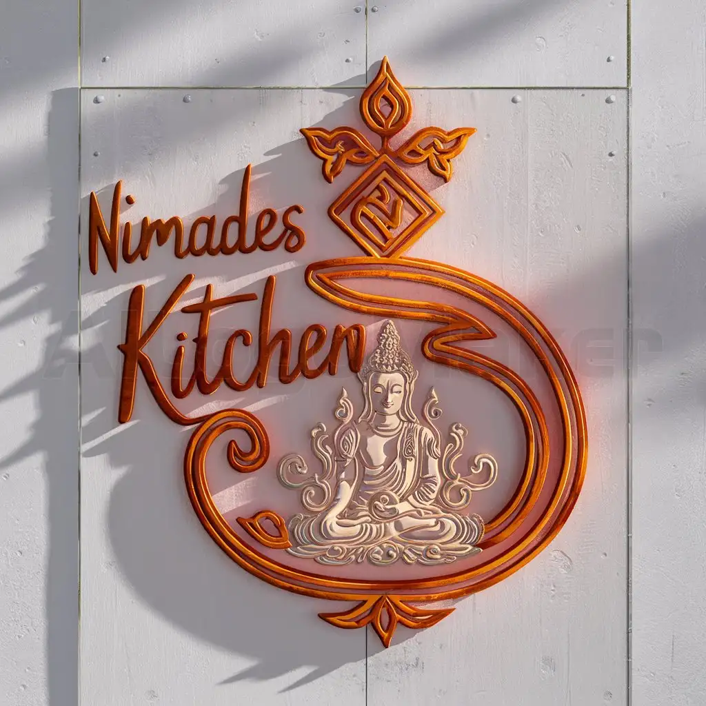 a logo design,with the text "nimades kitchen", main symbol:Abon, Design a pictorial logo for a Balinese kitchen featuring the main symbol of abon intertwined with the spiritual figure of Bodhisattva Guanyin. Utilize thick curved lines and intricate detailing to create a visually stunning representation that harmonizes the culinary traditions of Bali with the spiritual essence of Guanyin, embodying the cultural richness and depth of both elements.,complex,be used in ingredient industry,clear background