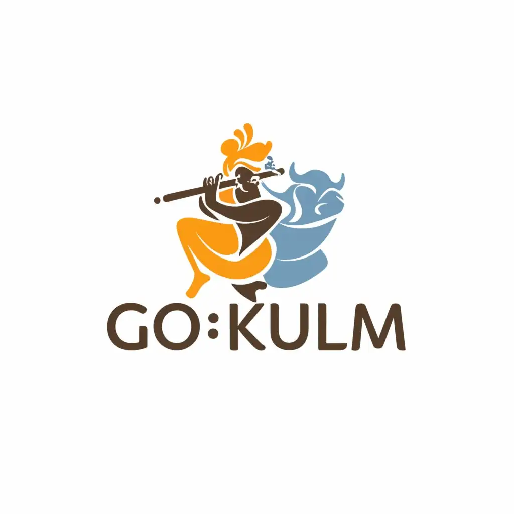 a logo design,with the text "Go:Kulam", main symbol:SriKrishna with flute and cows around,Moderate,clear background