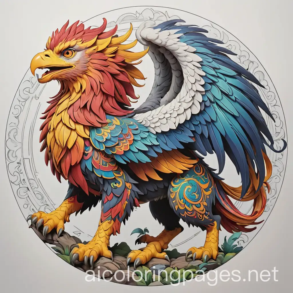 a mythological and majestic colored griffin, mandala style, very colorful with a natural landscape, Simplicity,. The outlines of all the subjects are easy to distinguish, making it simple for kids to color without too much difficulty, Coloring Page, black and white, line art, white background, Simplicity, Ample White Space. The background of the coloring page is plain white to make it easy for young children to color within the lines. The outlines of all the subjects are easy to distinguish, making it simple for kids to color without too much difficulty