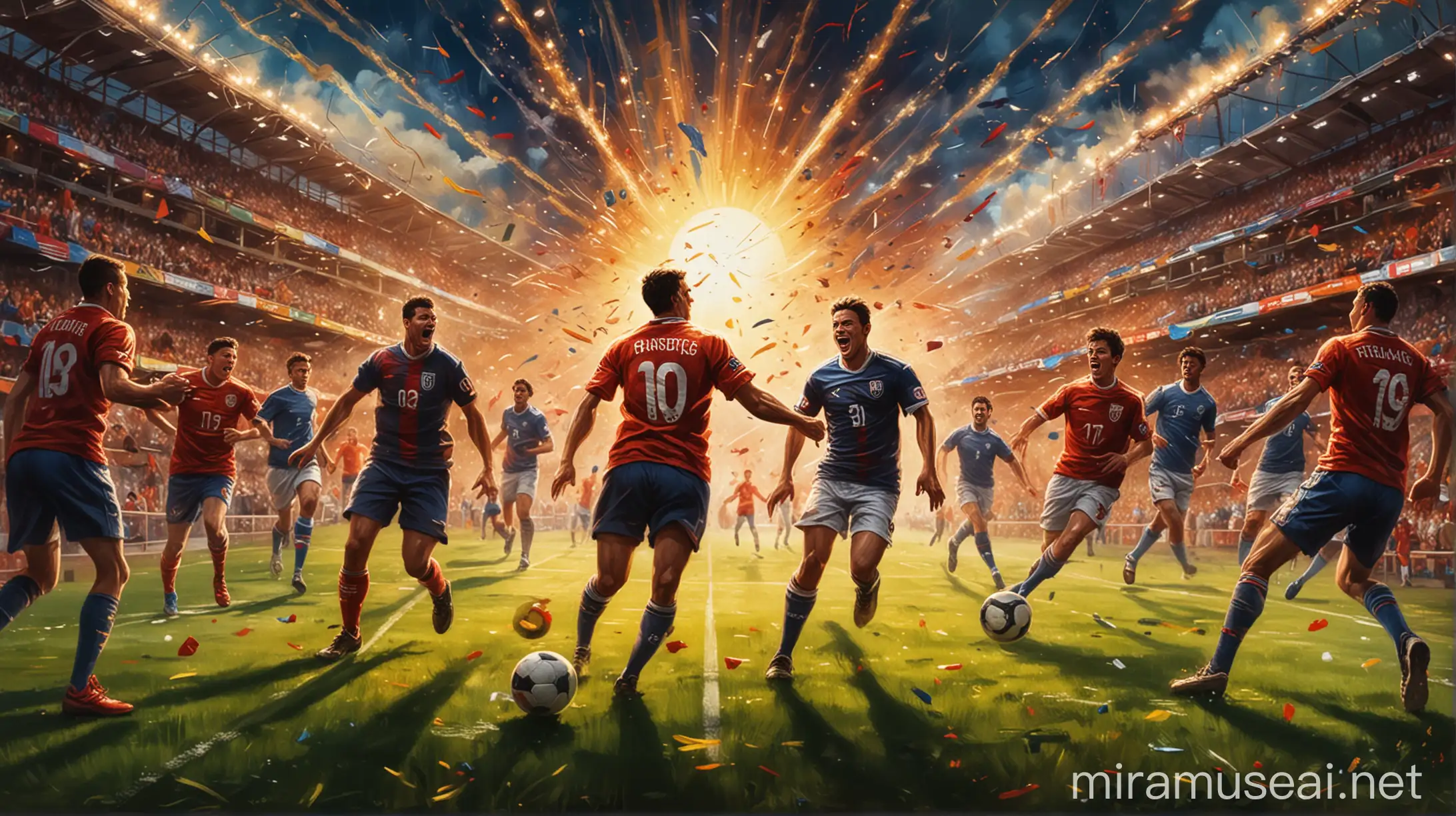 Let's create an Artwork based on the description below

This artwork will be a digital painting, with a colorful and vibrant football field scene. In the foreground, we see a player holding the ball, ready to take a powerful shot. Sunlight shines down from above, creating highlights and shadows on the field.
In the back, there was a group of fans cheering passionately. They carried banners and flags, and their faces were full of excitement and emotion. The atmosphere became vibrant with cheers and immersion in the exciting atmosphere of the match.
In the lower right corner of the painting, there is a symbol of a ball flying in the air, with streaks of light and sparks to represent movement and energy.
The painting is done with strong lines and bright colors, to create a sense of playfulness and excitement. At the same time, details such as streaks, shadows and lights are created to add movement and depth to the painting.
This artwork will be a symbol of the enthusiasm and excitement of the sport, conveying the emotions and energy of the song through images.