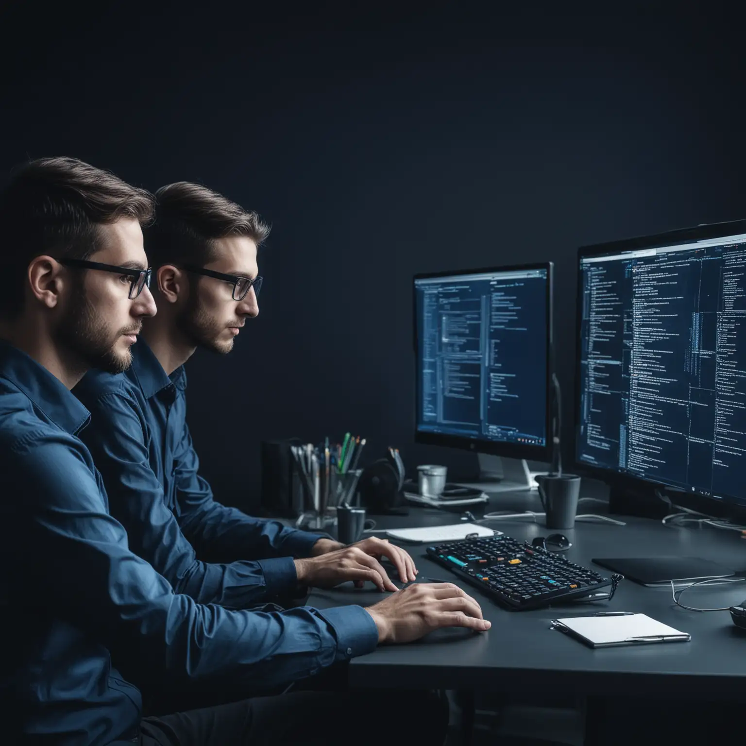 dark blue theme. Professional photo with 2 it developers coding