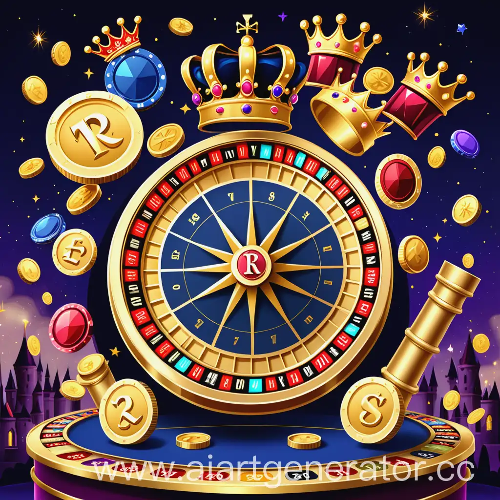 Background: A grand castle with tall towers surrounded by a night sky with bright stars, elements of wealth such as jewelry and gold coins. The central object: In the center is a roulette wheel with a gold rim, shining in the light, surrounded by crowns and jewels. Details: The golden number "7" on the roulette wheel, royal paraphernalia (scepters and coats of arms), scattered gold coins and jewelry. Color palette: Deep blue (sky), gold (roulette and coin details), purple and red (jewels and crowns). Additional elements: A slight glow or glitter around the roulette wheel, the logo or the name "RoyalBetRealm" at the bottom or top in gold letters with royal elements such as a crown or coat of arms.