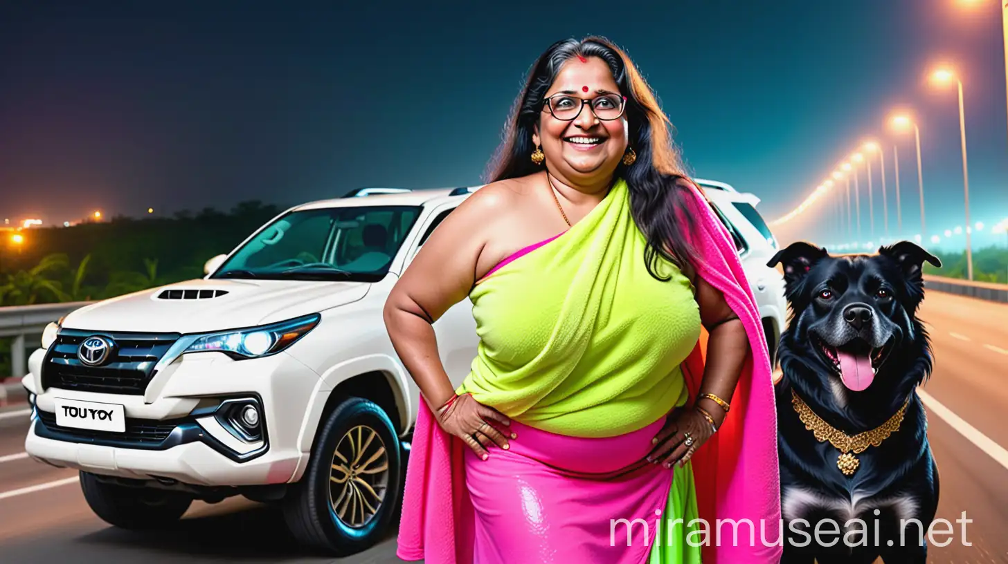  a mature fat indian  woman with 47 years old age wearing a Prescription Eyeglasses on face and gold ornaments with curvy body wearing a neon colorful wet bath towel and a pink skirt with full make up ,open long  hair style, near  a big black dog  , standing on  a high way   , she is happy and smiling, near hea white toyota fortuner is there , its night time  and a lot of lights are there 
