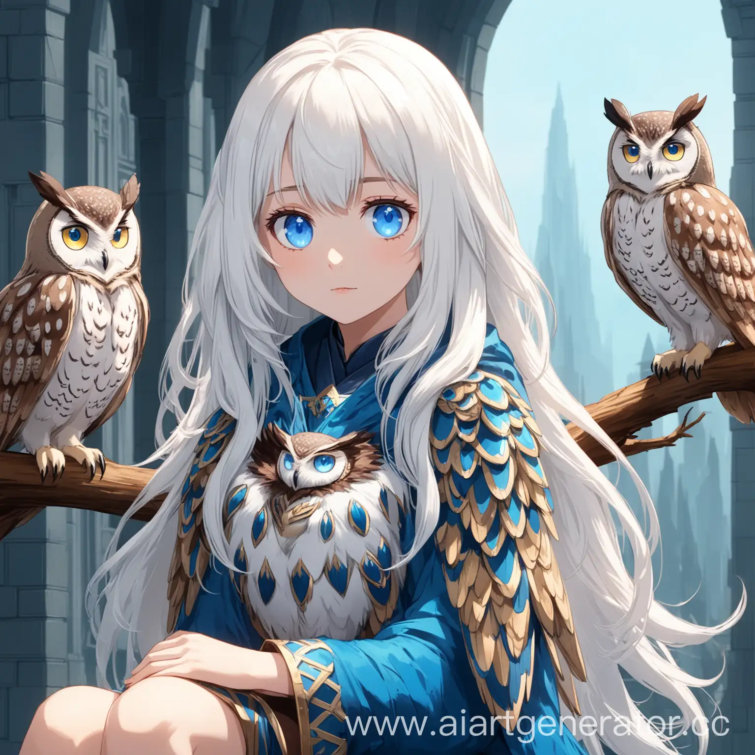 girl with long white hair, blue eyes, medium build, an owl sitting on her arm