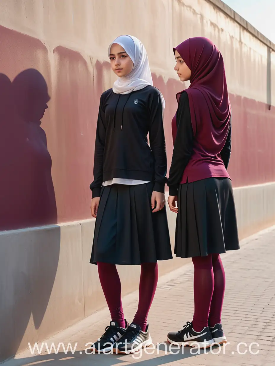 2 girls, 12 years old, hijab, skinny shirts, black long school skirt, burgundy opaque tights, sport shoes, near a wall, petite, six feet under, high quality, masterpiece, detailed, 4k sharp, low light, from behind, close up shot, top view, hands on the wall
