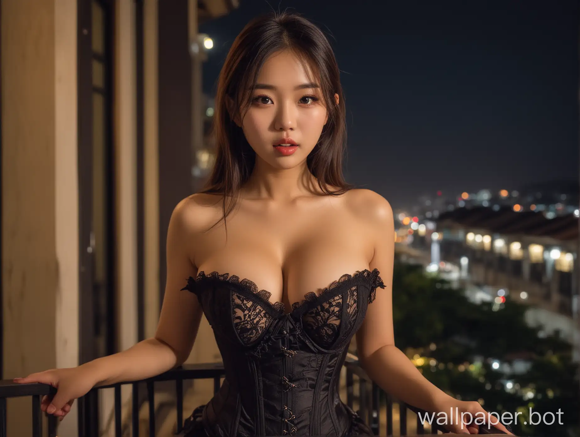 elegant asian young girl, big boobs, corset,full lips, balcony, nighttime