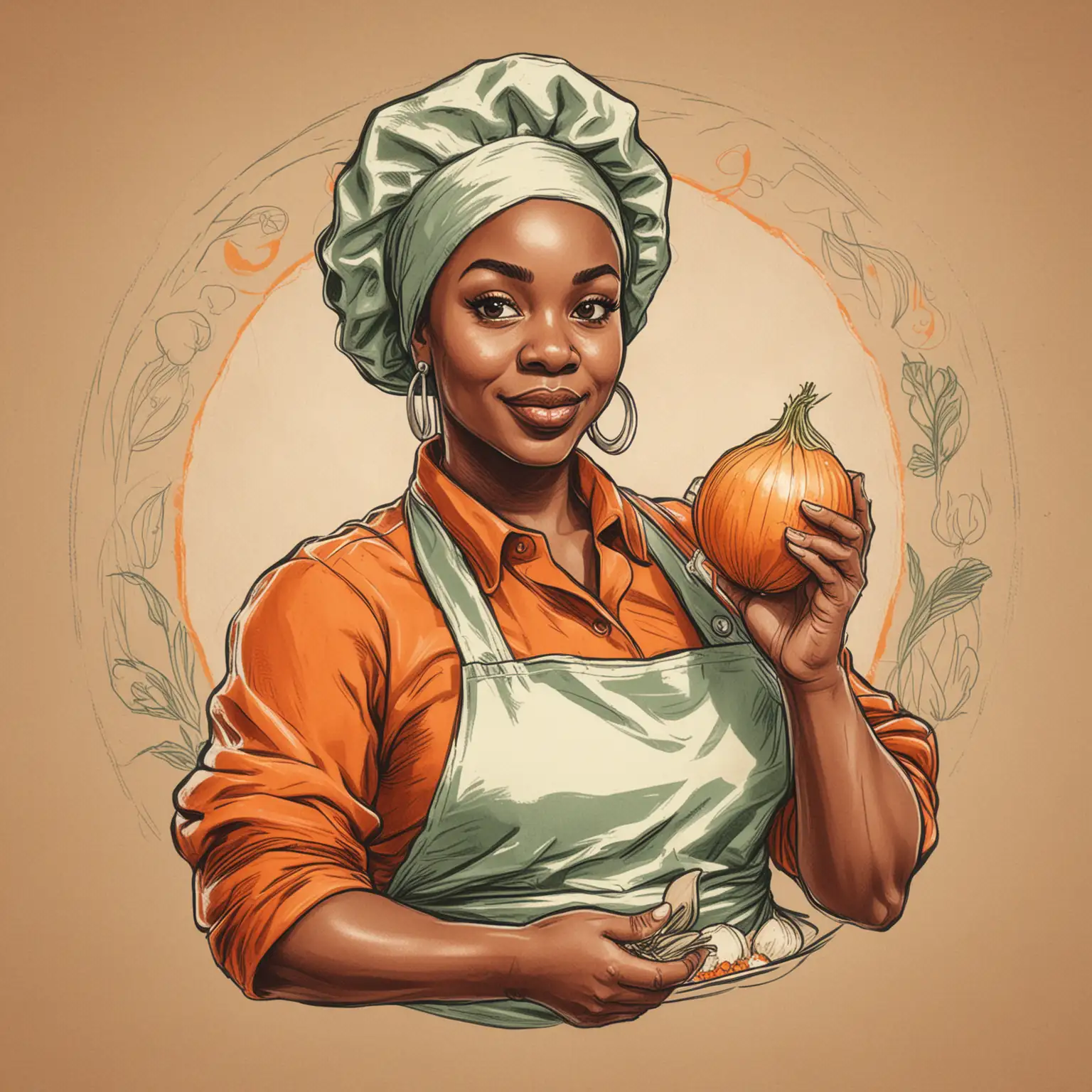 Plus Size Black Woman Chef Holding Seasonings Iconic Sketch Drawing