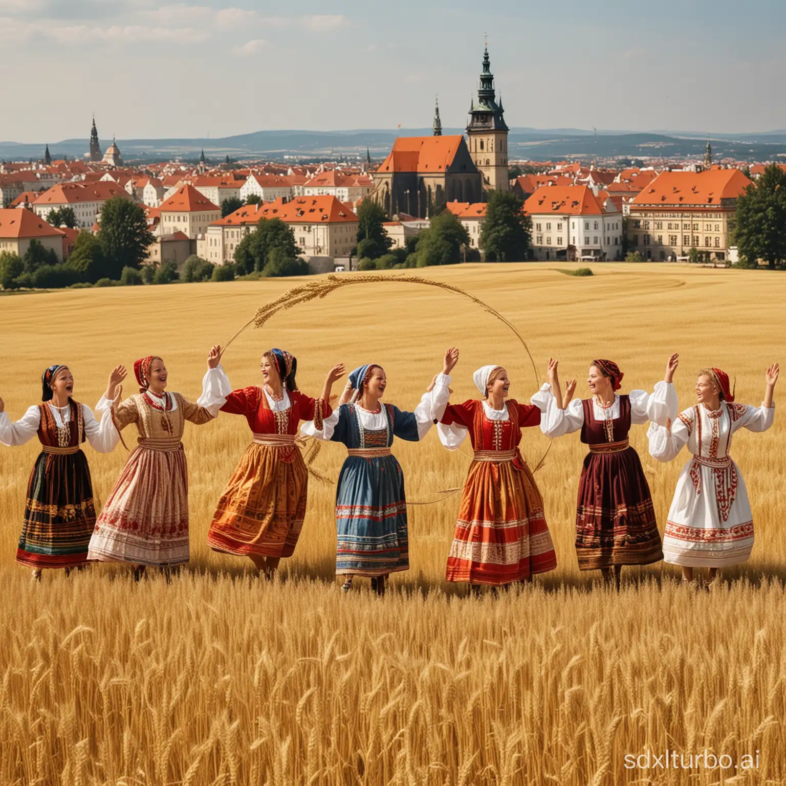 Please draw a picture of Czech people singing and dancing, wearing ethnic costumes in the wheat field, surrounded by a circle celebrating the harvest, only as background, no need for frontal faces, it should be full of childishness and innocence, with some musical performances, in the distance there are buildings in the Czech architectural style, imaginative and suitable for making a PPT cover.